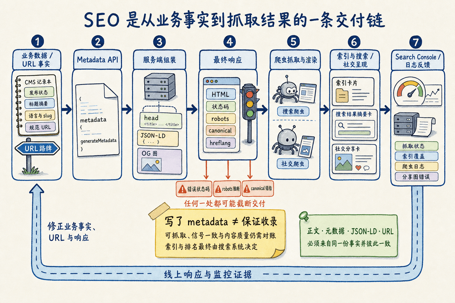 SEO 交付链手绘图:业务 URL 事实经 Metadata、最终响应、爬虫、索引与搜索社交呈现,再由监控反馈形成闭环。