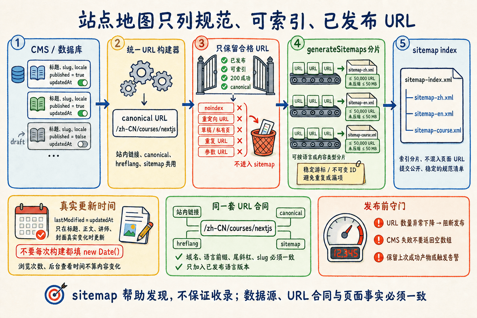 Sitemap 分片手绘图:只保留规范可索引已发布 URL,按语言或类型分片并遵守数量体积限制与真实 lastModified。