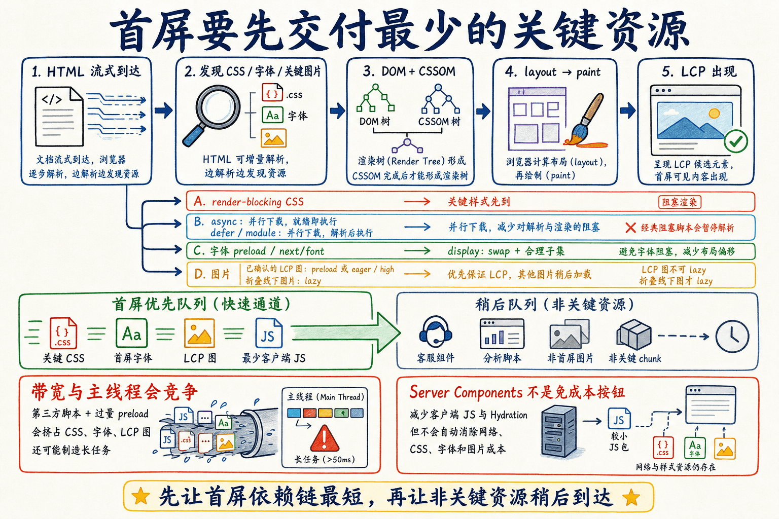 首屏关键渲染路径从 HTML 流式到达、资源发现、DOM 与 CSSOM、布局绘制直至 LCP 出现