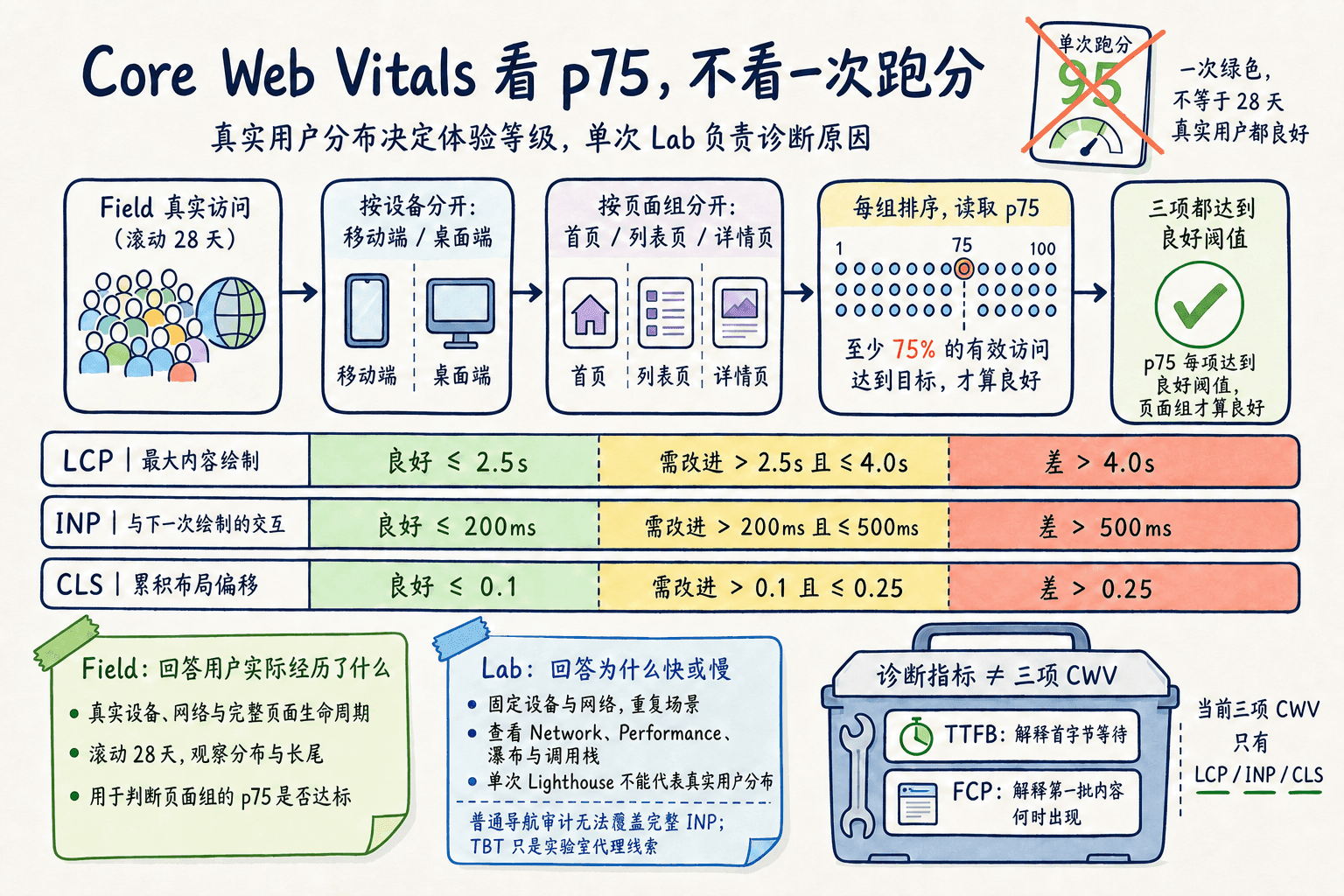 Core Web Vitals 真实访问按设备与页面组分组后读取 p75,并使用 LCP、INP、CLS 当前阈值判断体验