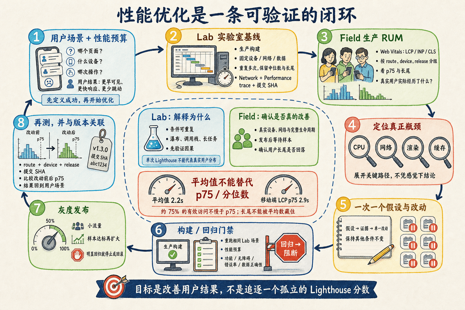 性能优化从用户场景与预算出发,经过 Lab、Field RUM、定位、单变量改动、门禁、灰度与版本复测形成可验证闭环