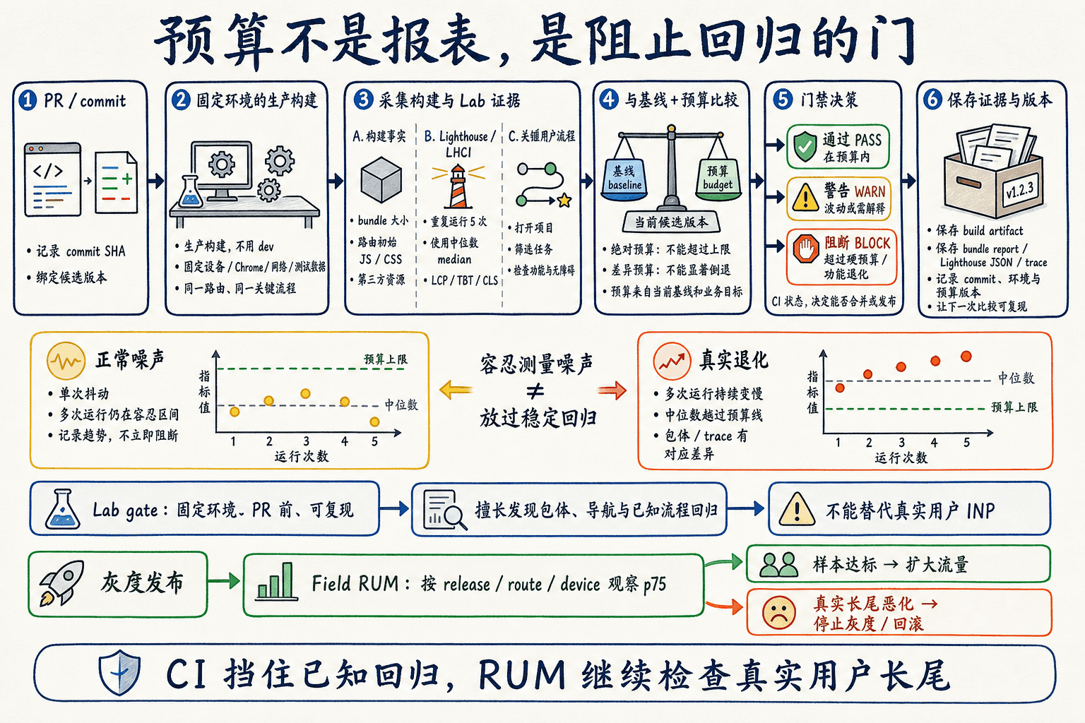 生产构建采集多次 Lab 证据并与基线和预算比较,输出 PASS、WARN、BLOCK,再由灰度 Field RUM 检查真实用户长尾