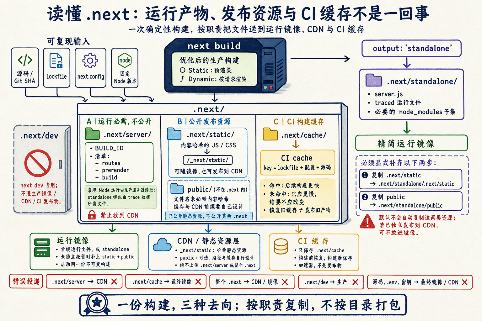 Next.js 构建结果按运行产物、公开发布资源与 CI 缓存三种职责分流,standalone 仍需补齐 static 与 public