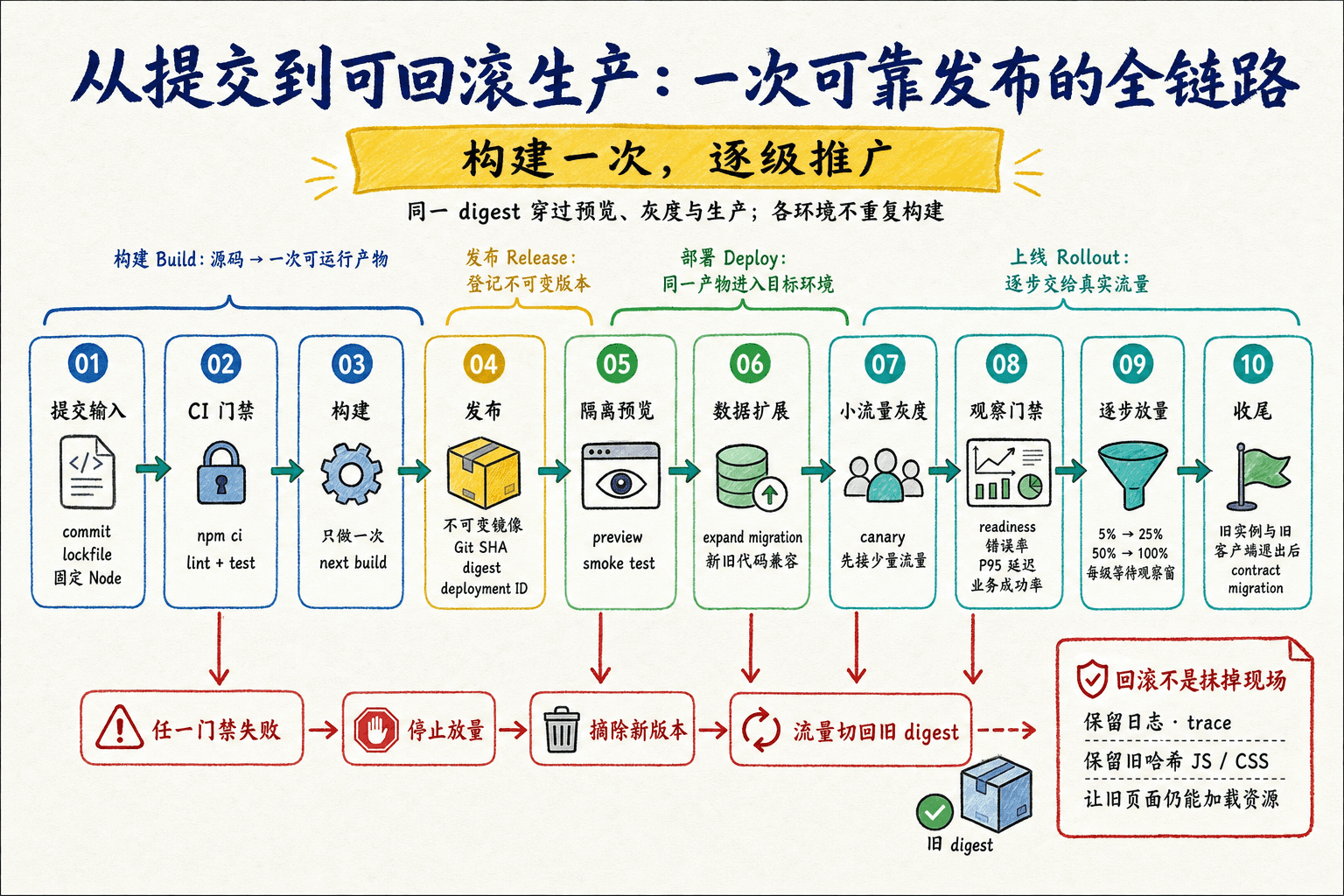 BoardFlow 从提交、CI、一次构建、不可变发布、隔离预览、灰度观察到生产收尾,并可切回旧 digest 的完整发布地图