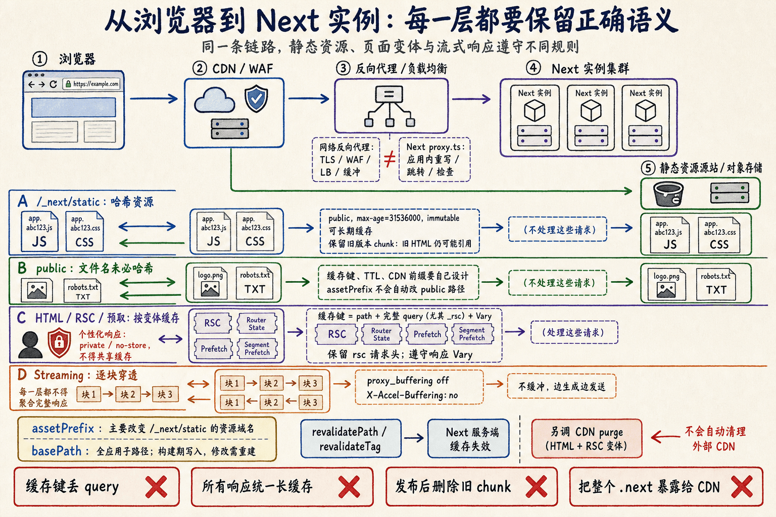 浏览器、CDN、反向代理、Next 实例与资源源站分别传递哈希静态资源、public、HTML RSC 变体和 Streaming