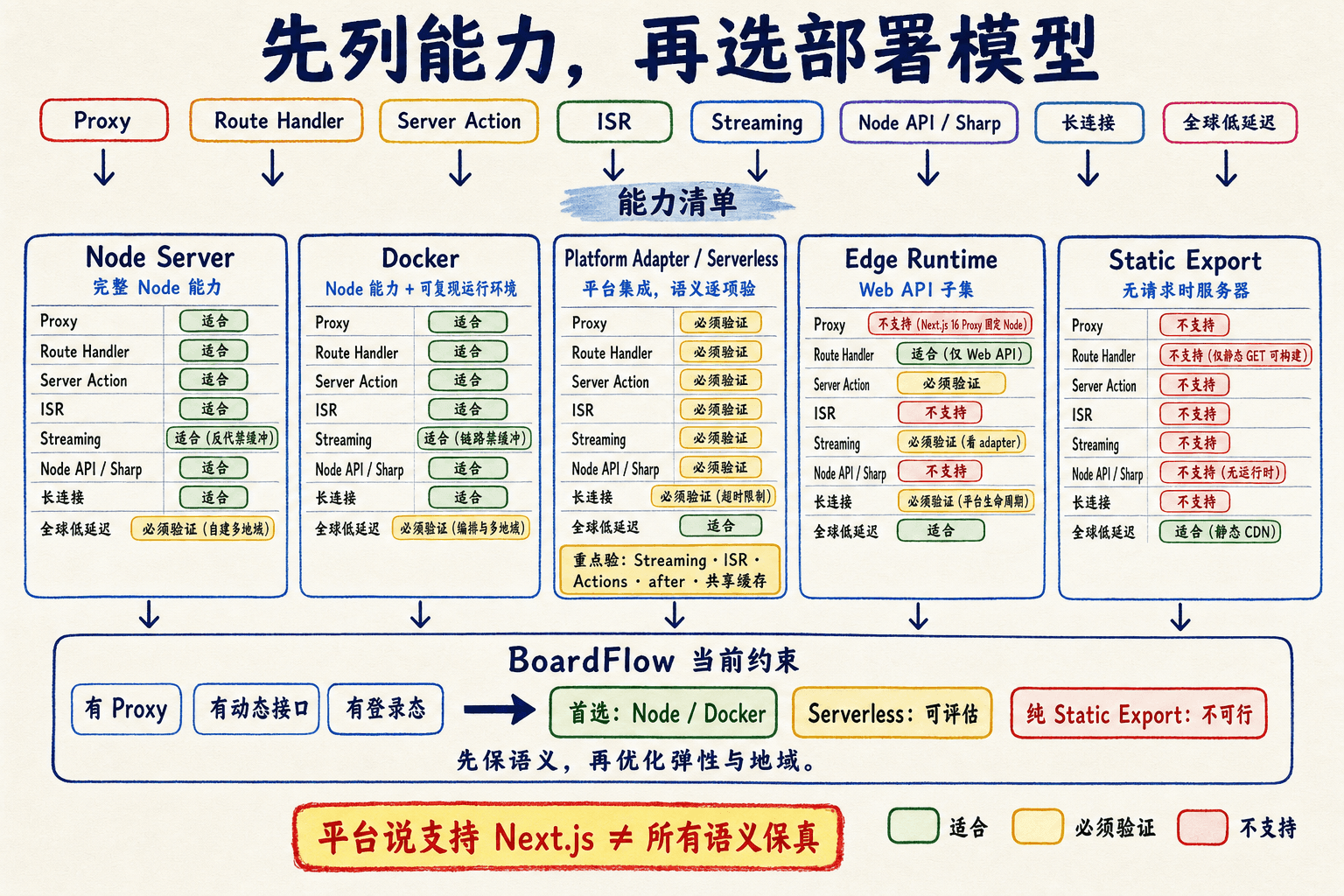 根据 Proxy、Route Handler、Server Action、ISR、Streaming 和运行时 API 能力选择 Node、Docker、Serverless、Edge 或静态导出