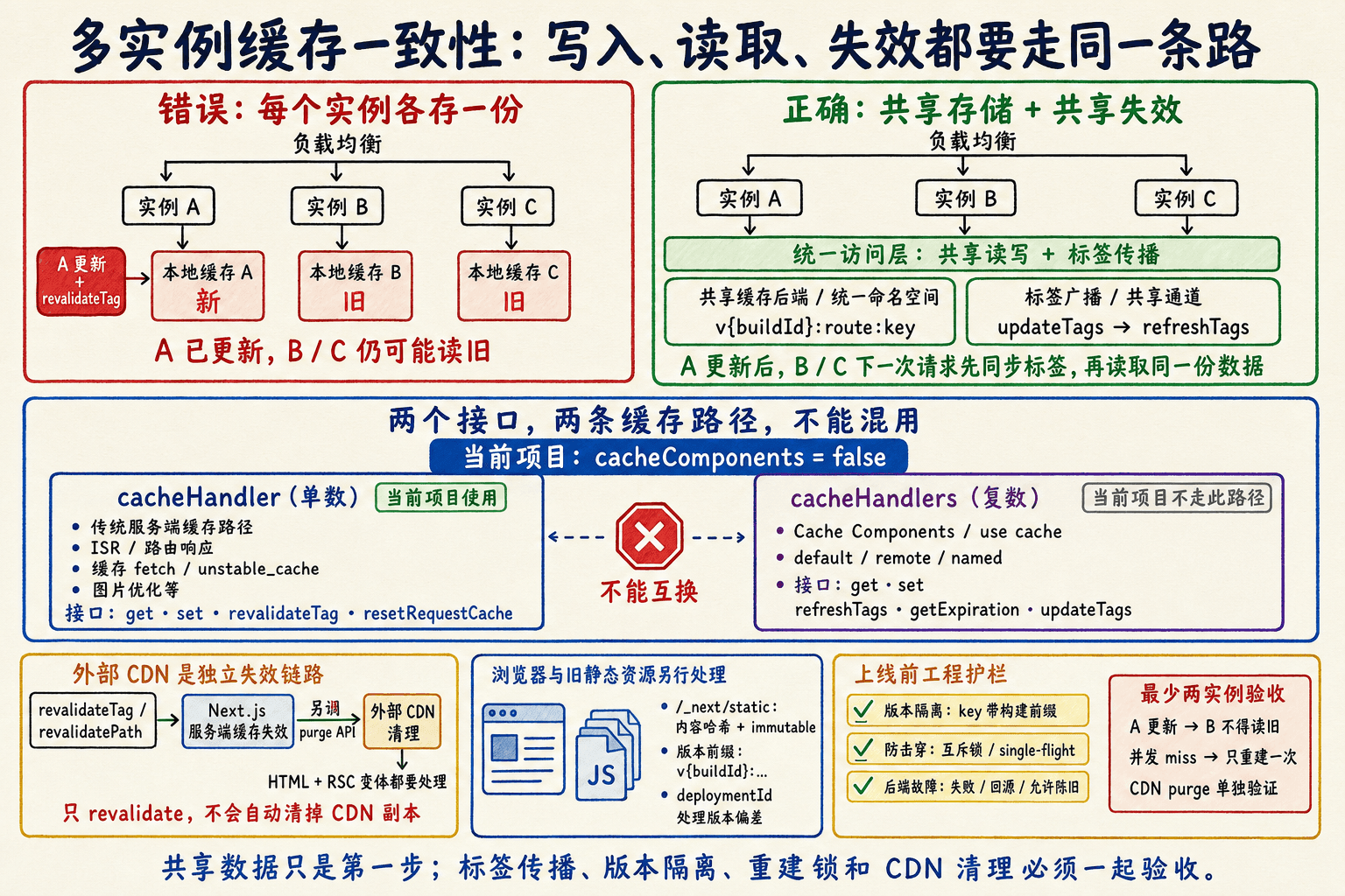 多个 Next.js 实例通过共享读写和标签传播保持一致,并将服务端缓存、Cache Components 与外部 CDN purge 分开治理