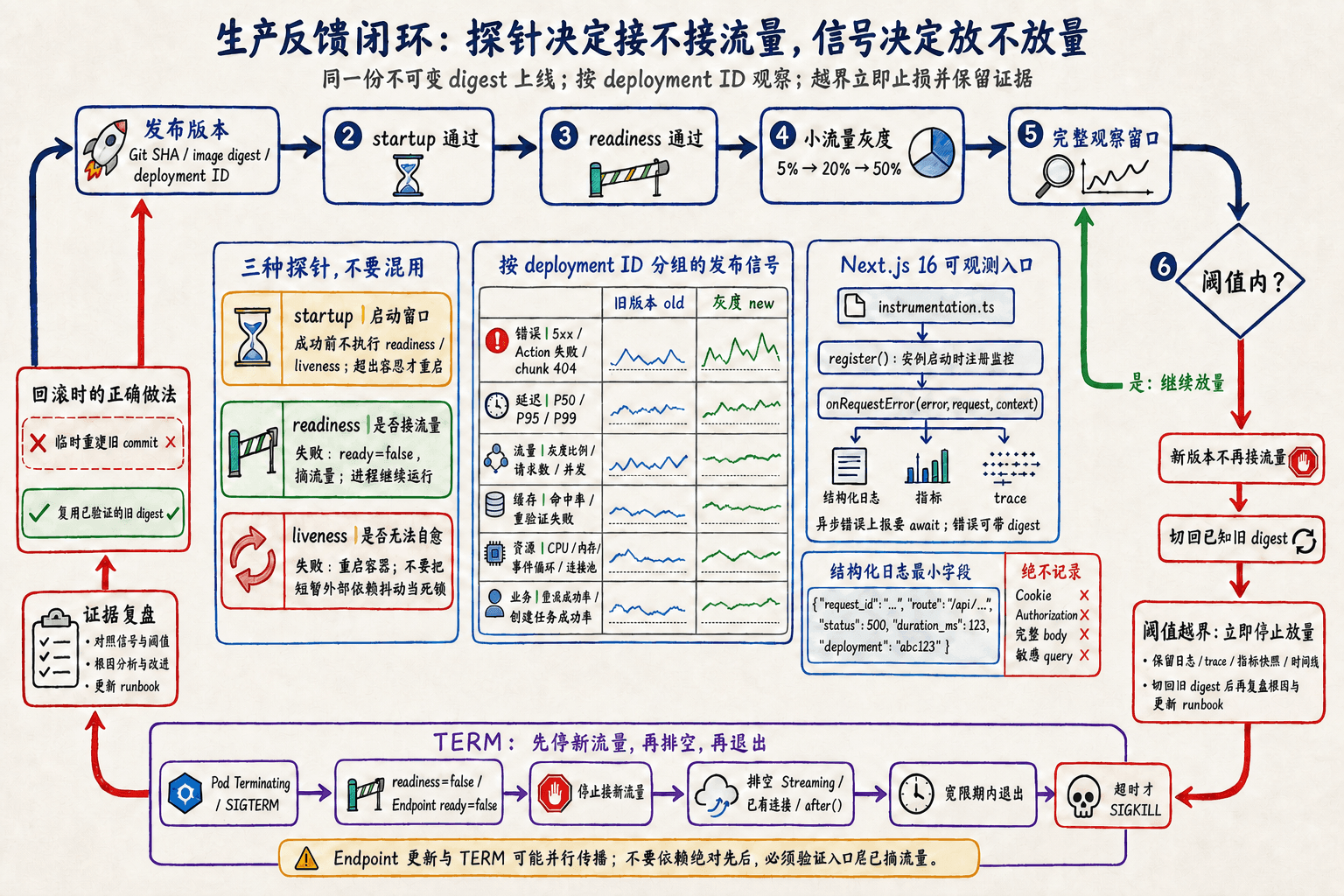 发布 digest 经过 startup、readiness、灰度观察和按 deployment ID 分组的生产信号后,决定继续放量或切回旧 digest 并复盘证据
