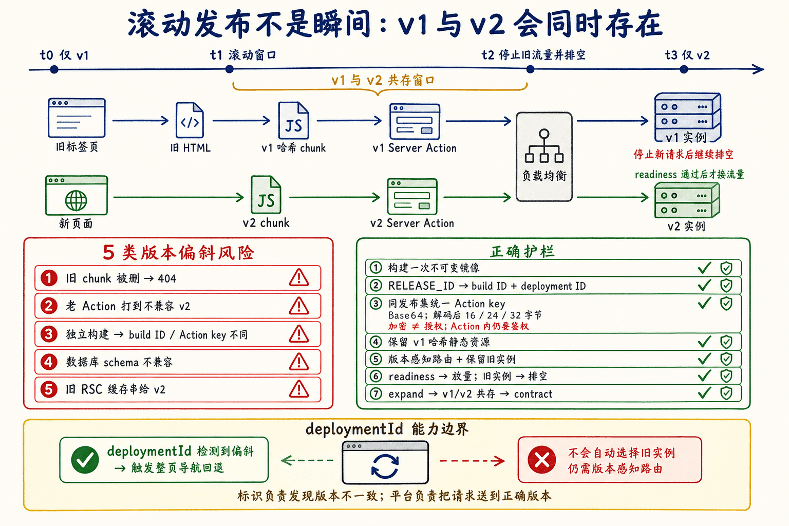 v1 与 v2 滚动共存期间,旧页面、哈希 chunk、Server Action、实例与数据库版本可能发生偏斜,并由构建和路由护栏约束