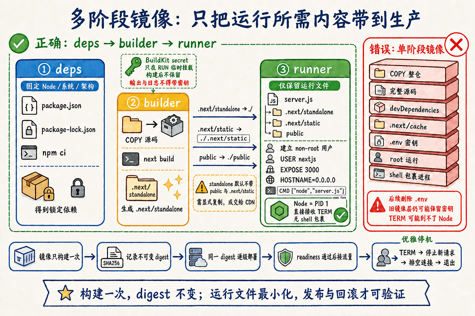 standalone 多阶段 Docker 镜像通过 deps、builder、runner 只把运行文件、static 与 public 带入非 root 生产容器