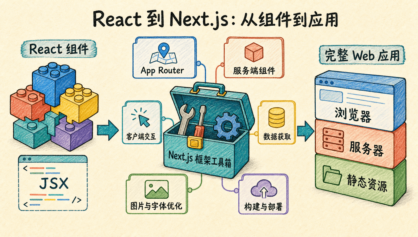 React 组件经过 Next.js 的路由、渲染、数据与部署能力组成完整 Web 应用的手绘示意图