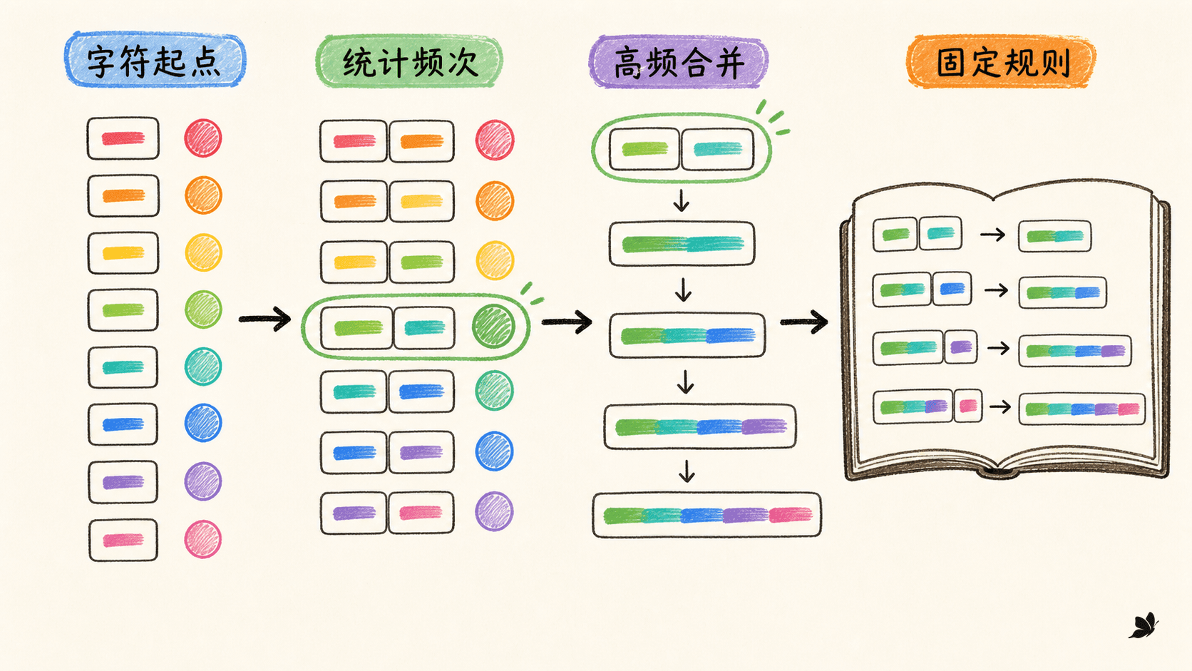 BPE 从字符计数到高频片段合并的过程
