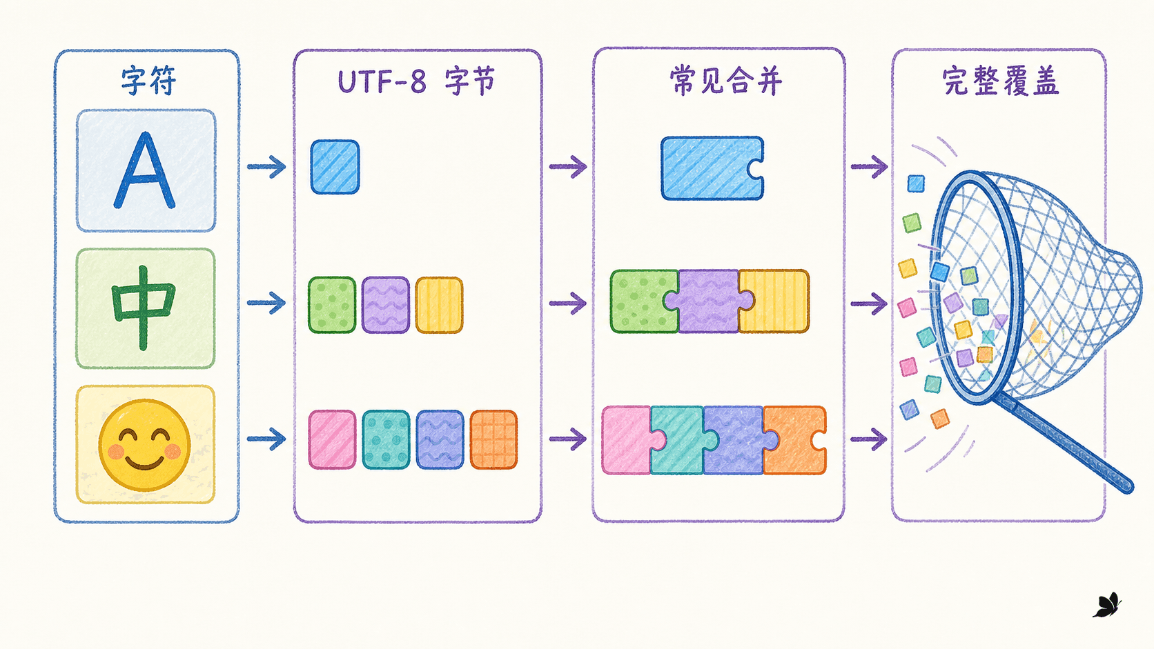 字符、UTF-8 字节与 byte-level token 覆盖关系