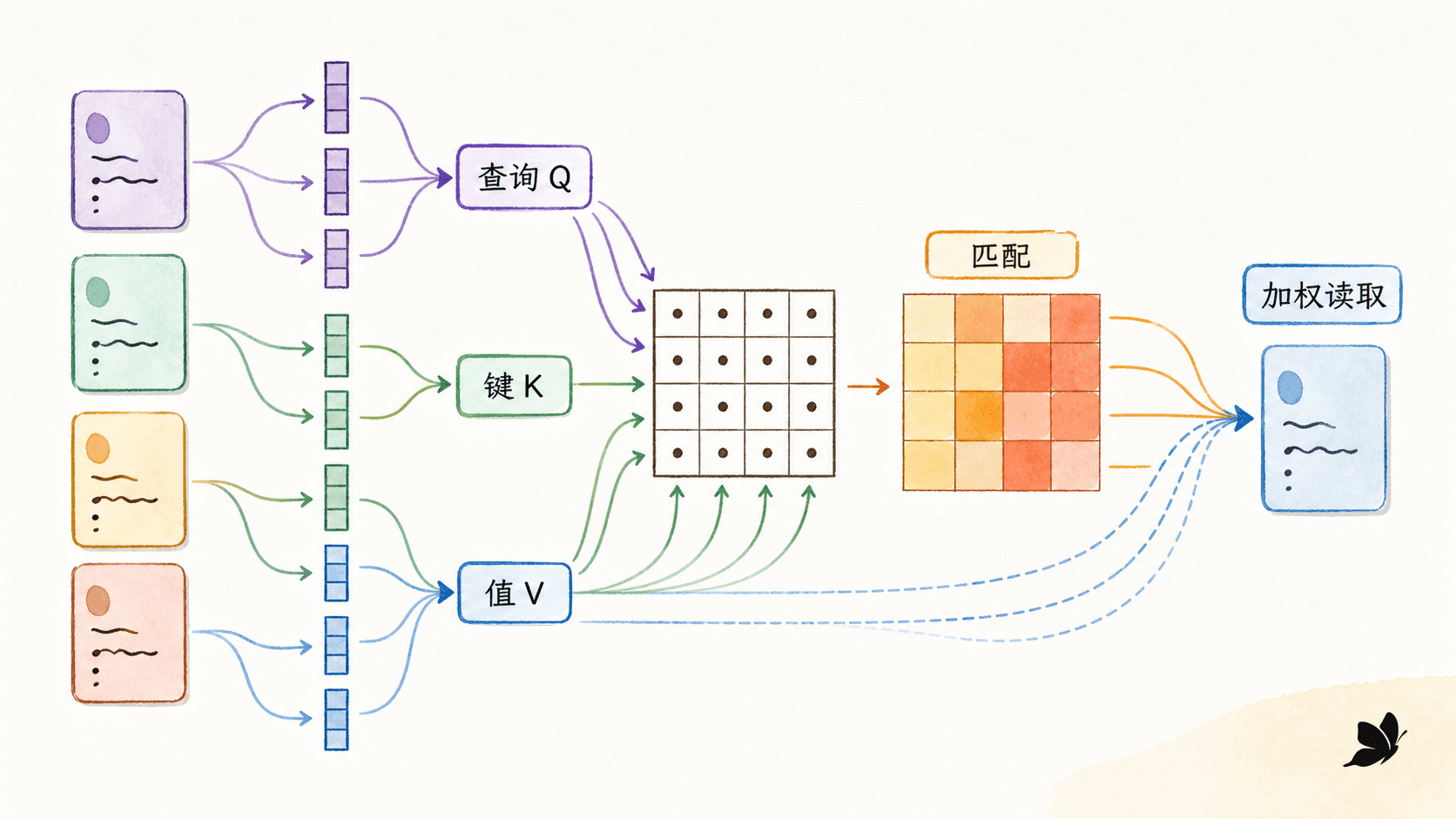 Q、K、V 从匹配到加权读取的完整流程