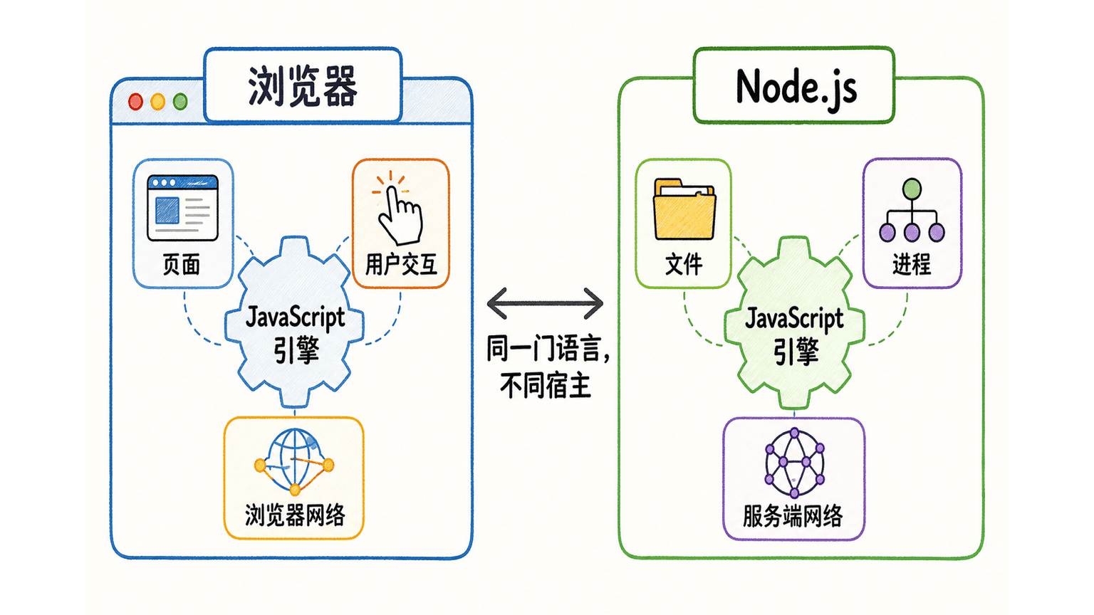 浏览器与 Node.js 使用同一门 JavaScript,但由不同宿主提供不同能力