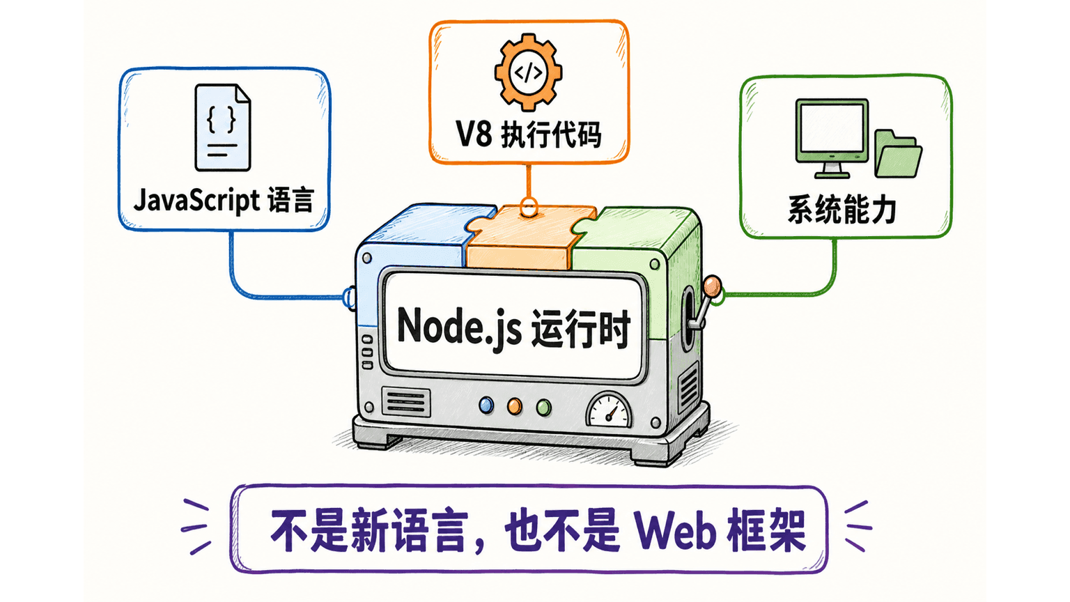 Node.js 运行时由 JavaScript、V8 与系统能力共同组成,它不是一门新语言,也不是 Web 框架