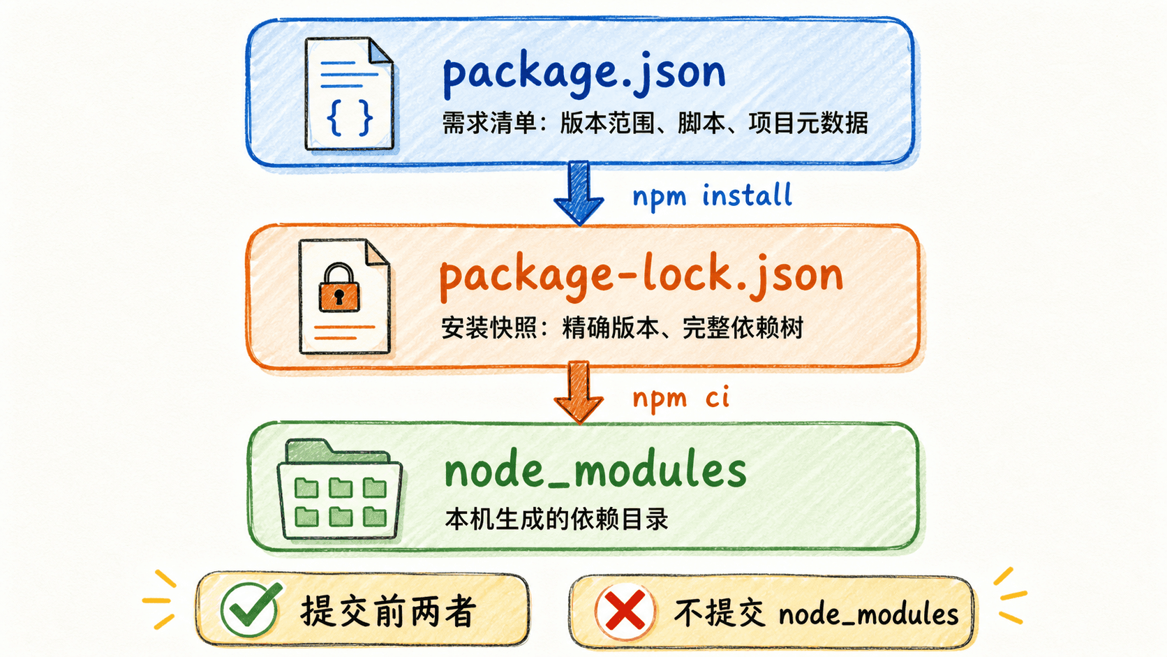 npm 项目三层关系:package.json 是版本范围、脚本和元数据的需求清单,package-lock.json 是精确依赖树的安装快照,node_modules 是本机生成目录;提交前两者,不提交 node_modules。