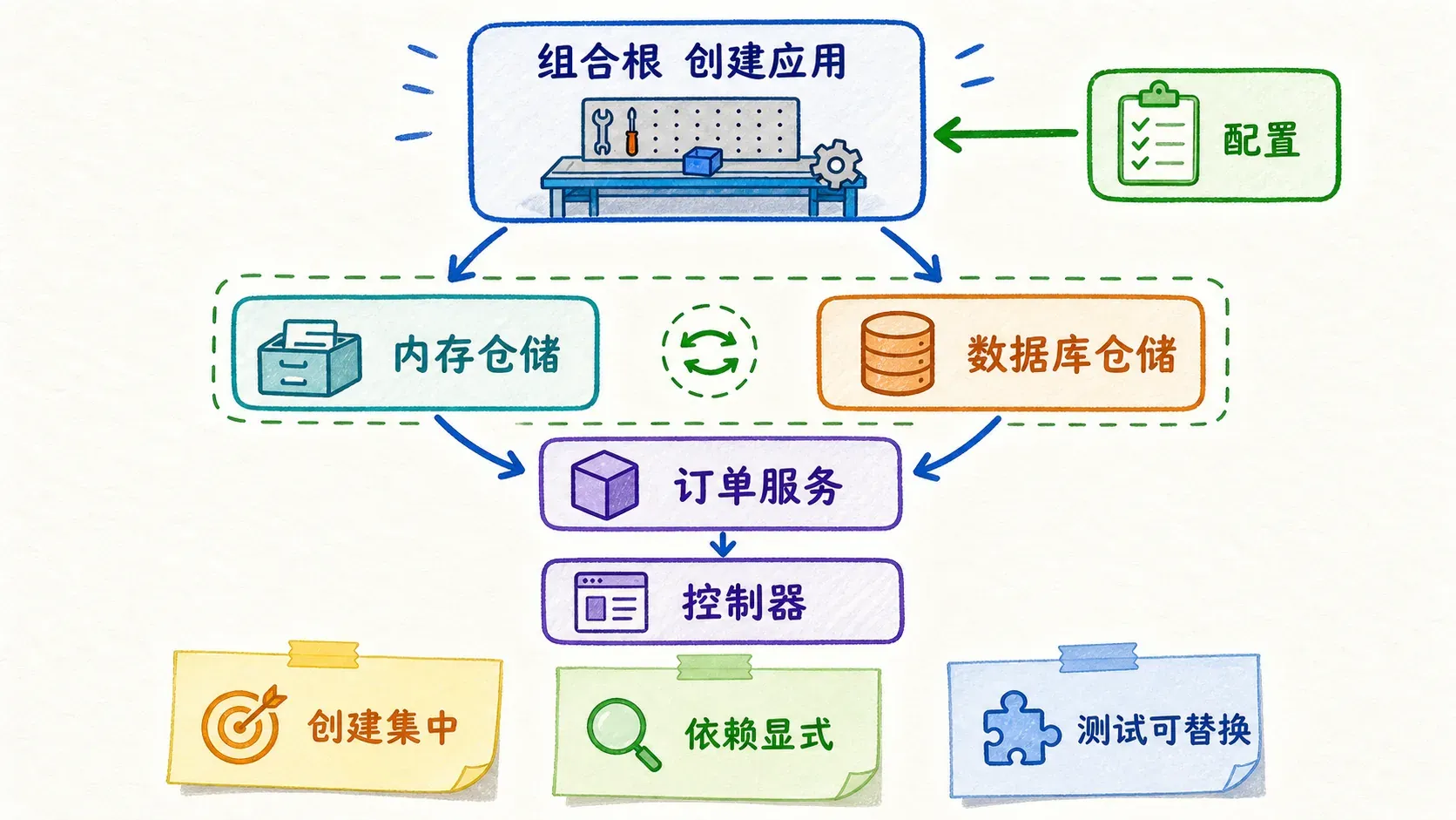 组合根通过工厂创建依赖并注入服务