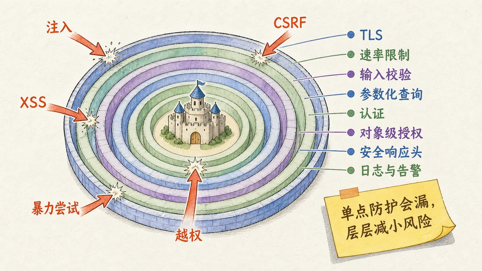 Web 安全分层防线:TLS、速率限制、输入校验、参数化查询、认证、对象级授权、安全响应头与日志告警共同抵挡常见攻击。