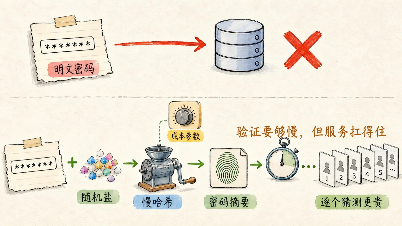 密码存储对比:明文入库是危险路径;正确路径把密码、随机盐与成本参数交给慢哈希,最后只保存密码摘要。