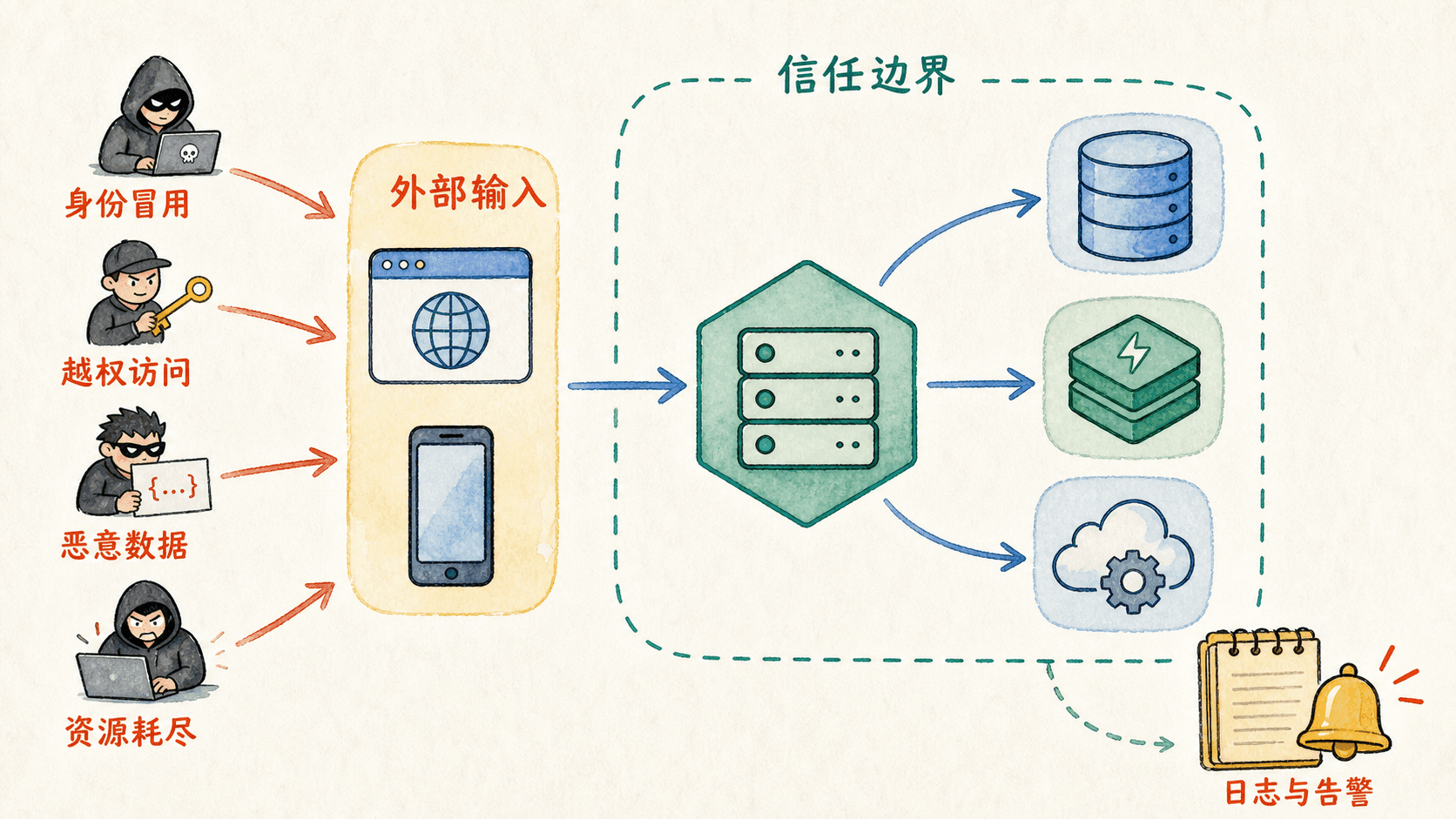 Node.js API 的威胁模型:外部输入穿过信任边界进入服务,并标出身份冒用、越权、恶意数据、资源耗尽与日志告警。