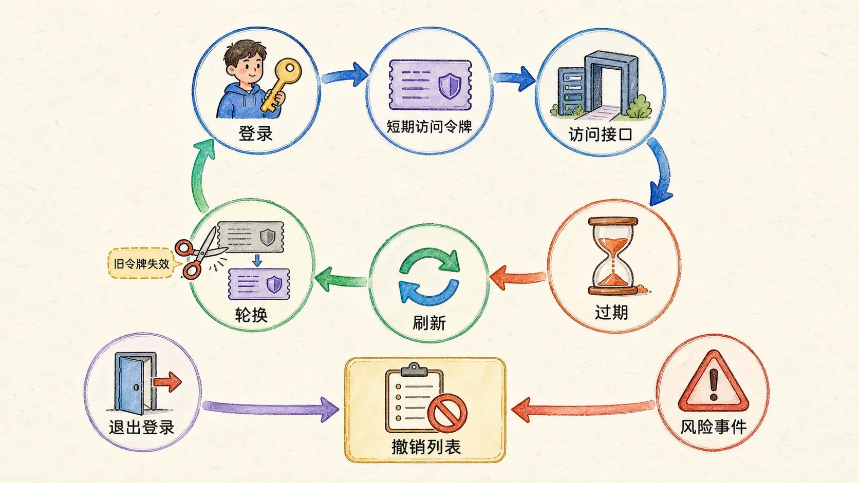 令牌生命周期:登录后获得短期访问令牌,过期后刷新并轮换;退出或风险事件进入撤销列表,旧令牌失效。