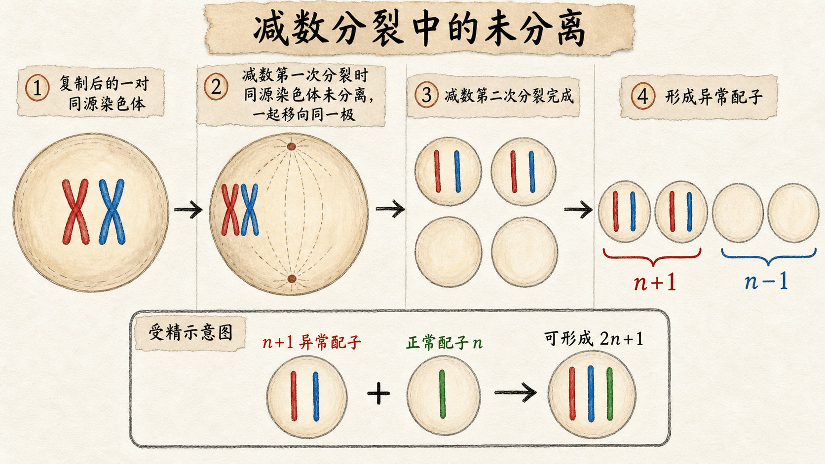 用减数分裂未分离到异常配子再到二倍体加一合子的流程,解释三体形成