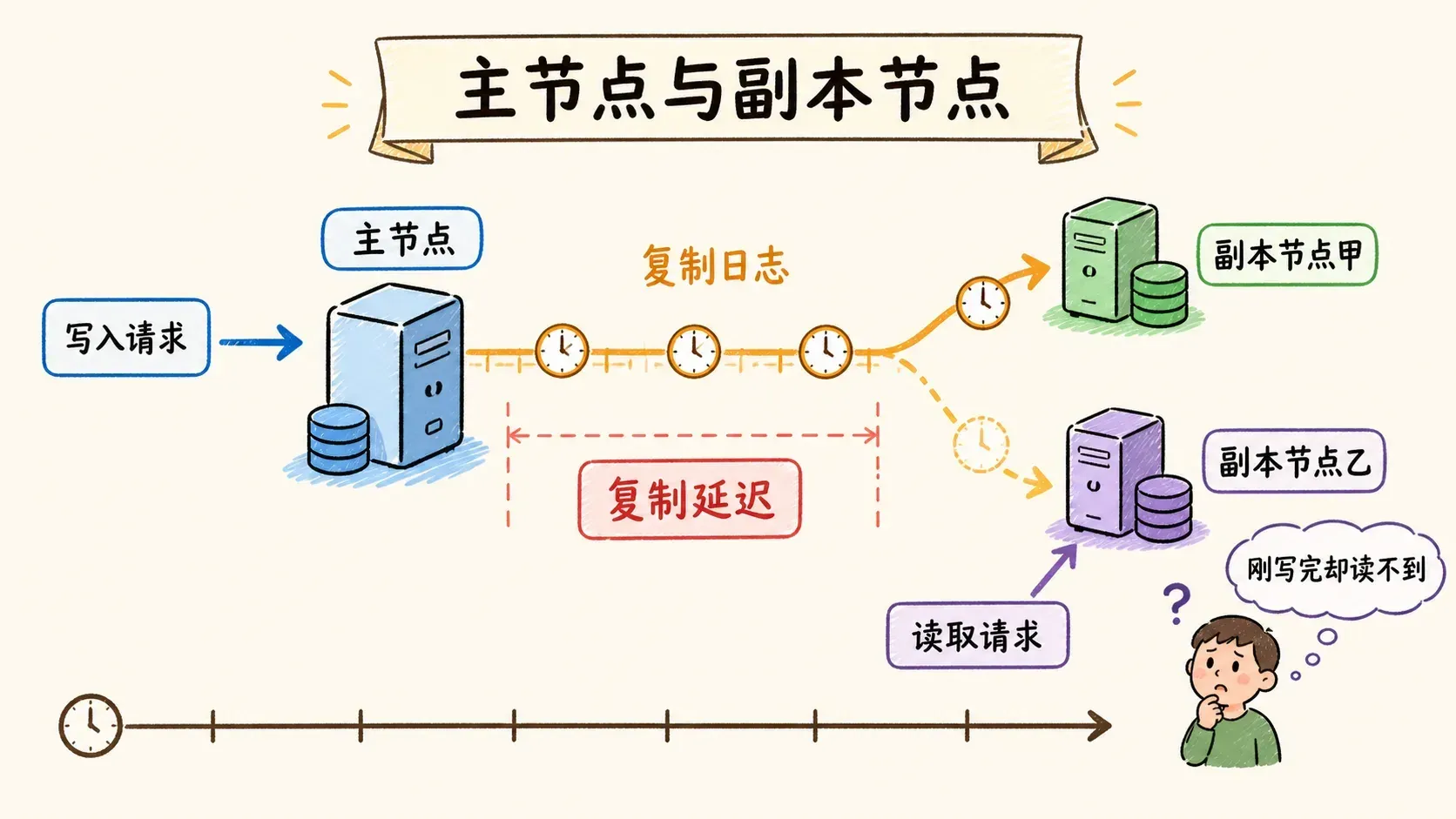主节点写入、复制日志与副本延迟