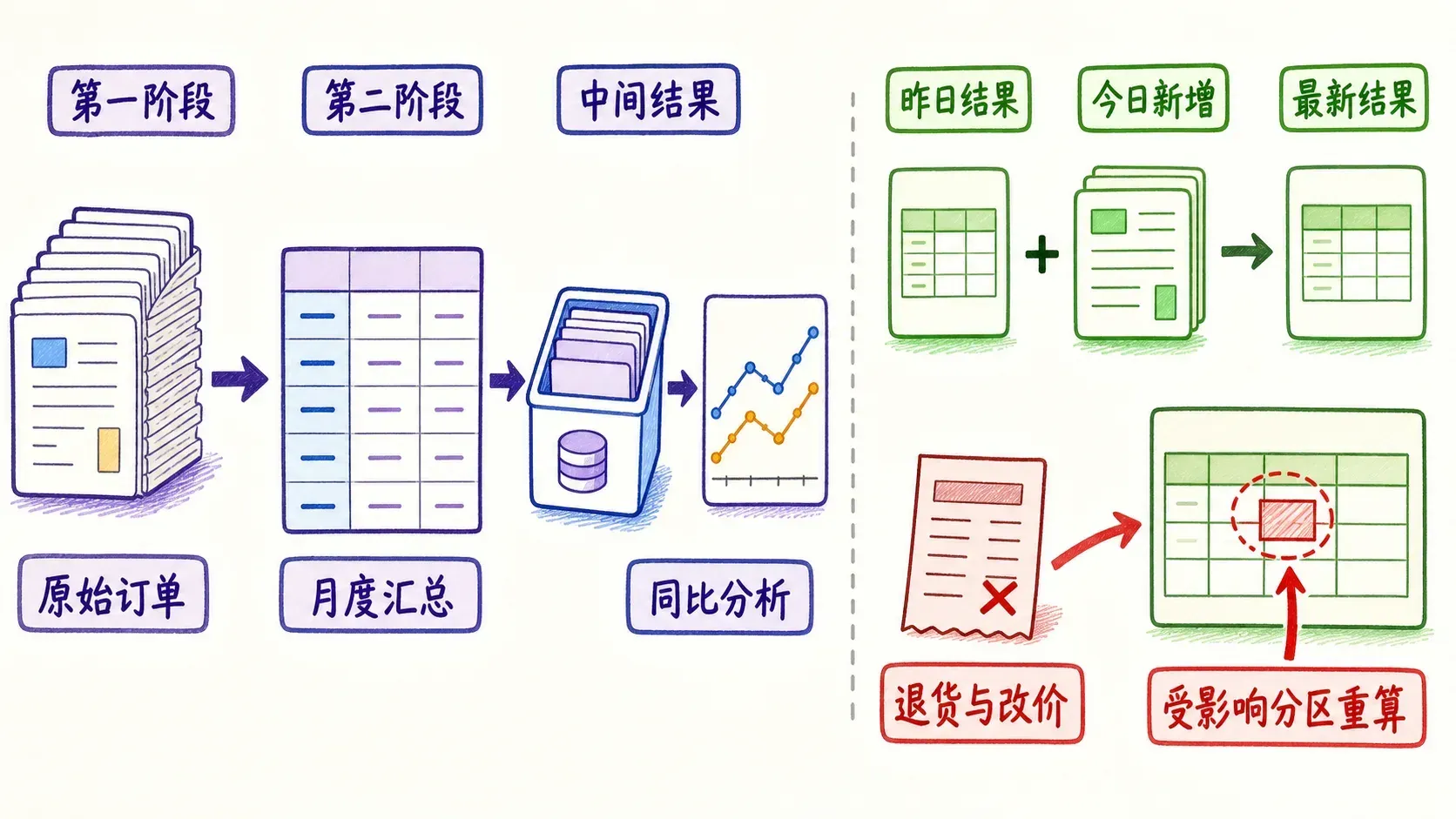 多阶段分析流水与增量更新并排示意图