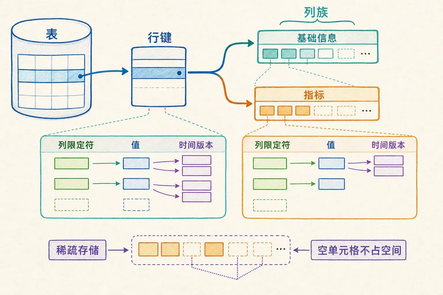 列族数据模型中的行键、列族与时间版本