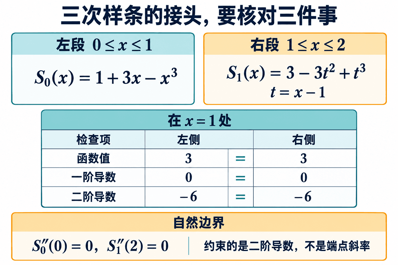 这两段多项式在 x=1 的值、一阶导数与二阶导数分别相同;自然边界另外规定两端的二阶导数为零。