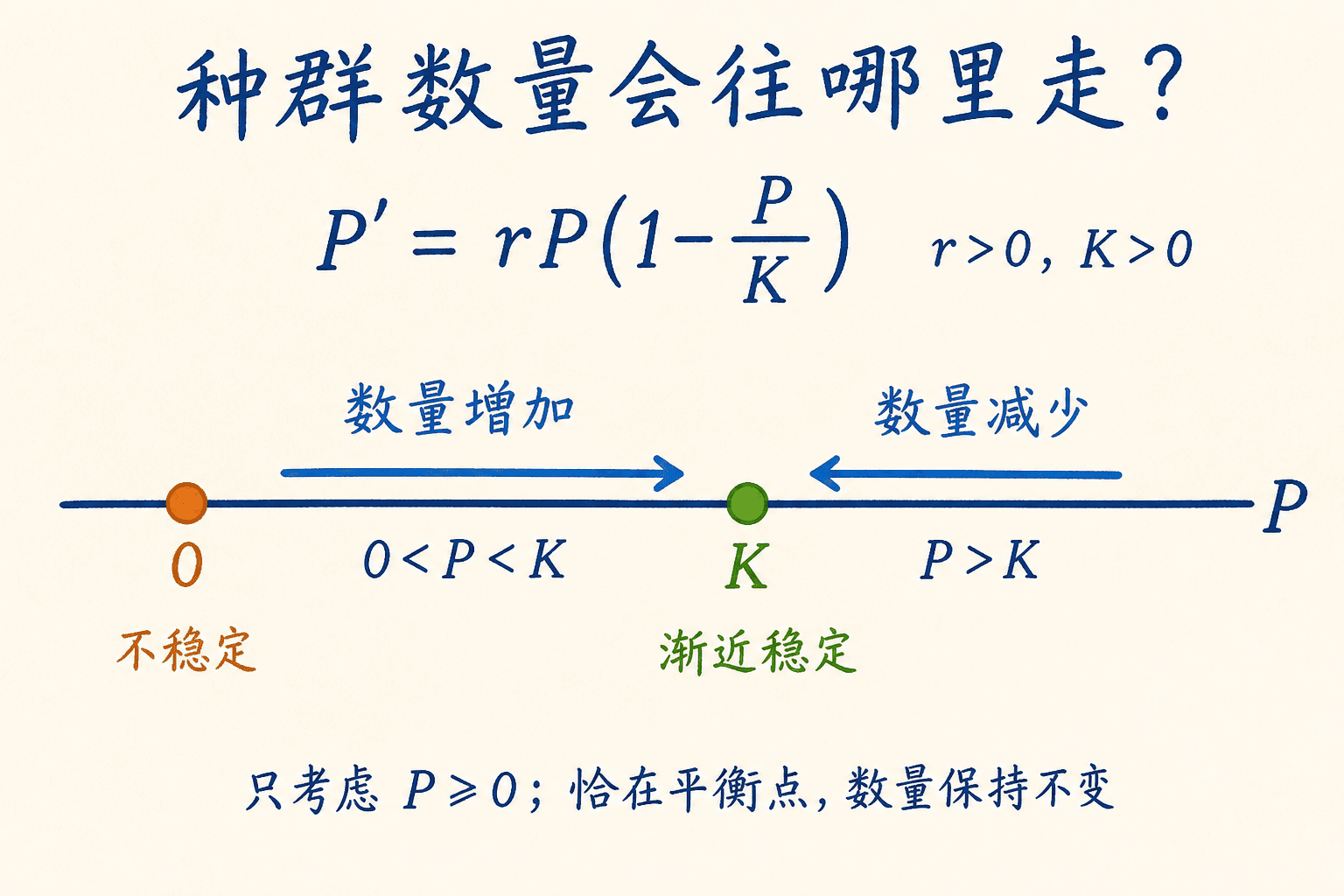 Logistic 种群相线:零不稳定,正初值从容量两侧趋向 K