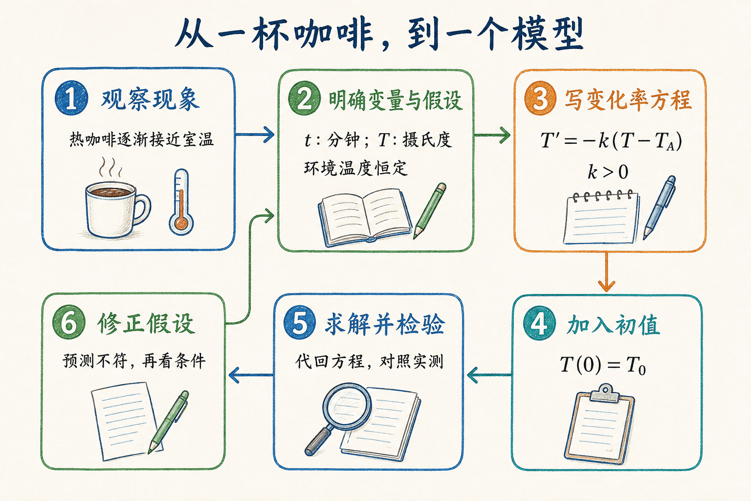 咖啡冷却模型从观察现象到修正假设的六步循环