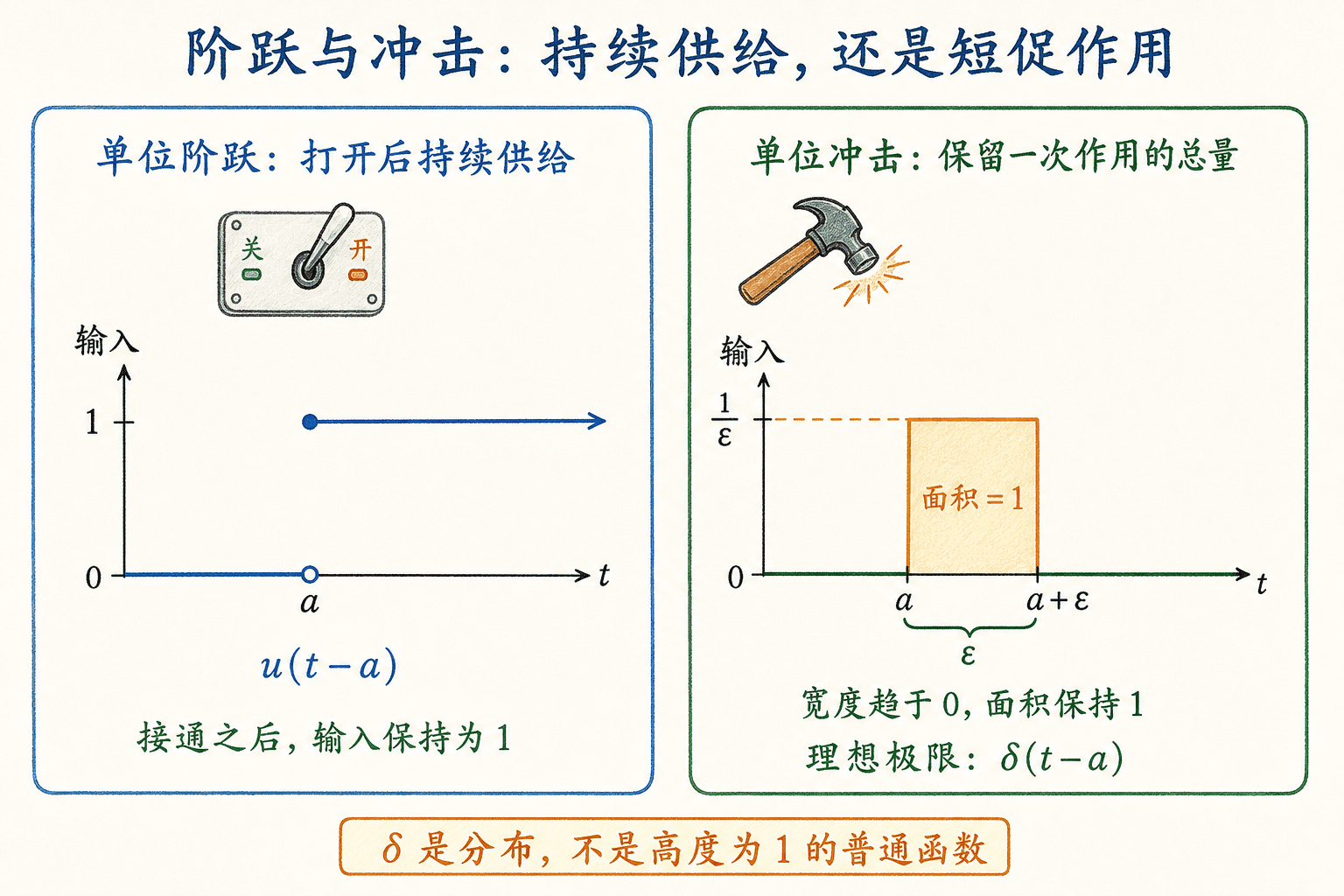 单位阶跃的持续输入与单位冲击的固定面积窄脉冲极限对照