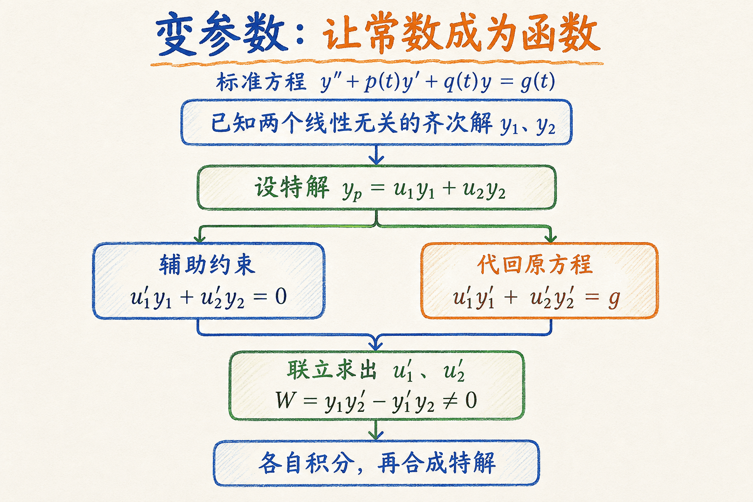 变参数法中文流程图：把常数变为函数，用辅助约束和原方程联立求出系数导数
