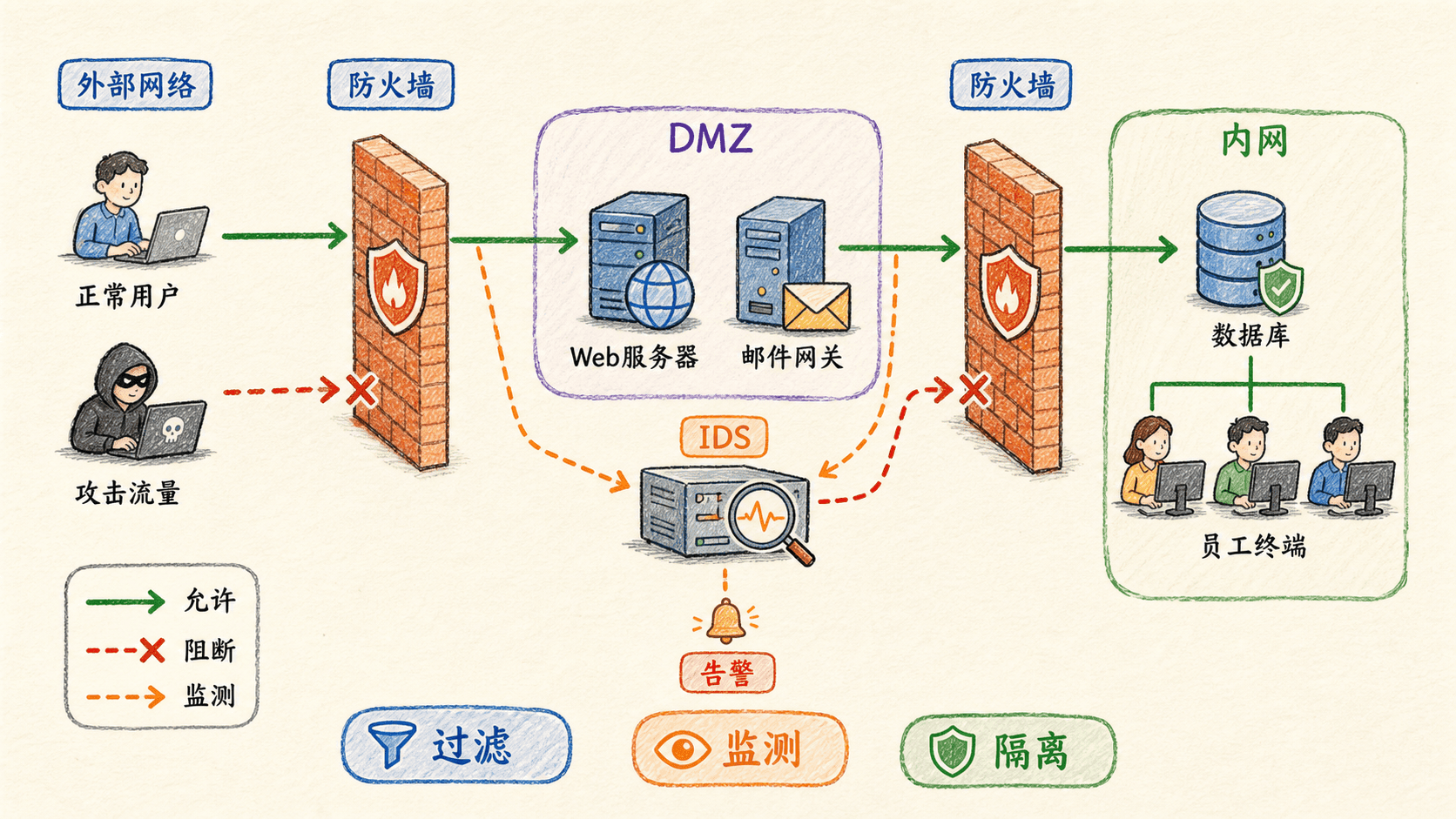 运营安全的纵深防御:外部网络经过边界防火墙进入DMZ,再经内部防火墙进入核心内网;IDS旁路监测并向分析端告警。