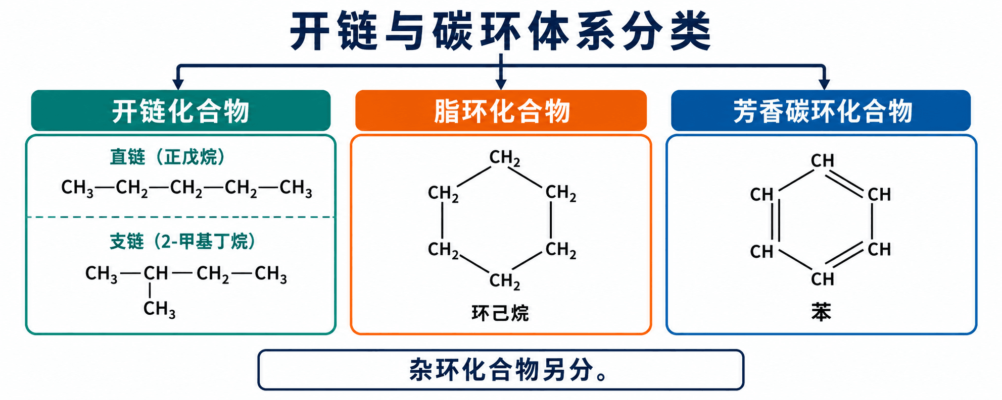 按碳骨架分类:开链、脂环与芳香族化合物的结构关系图