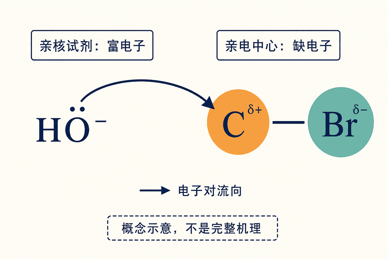 亲核试剂提供电子对攻击亲电碳中心的概念示意图