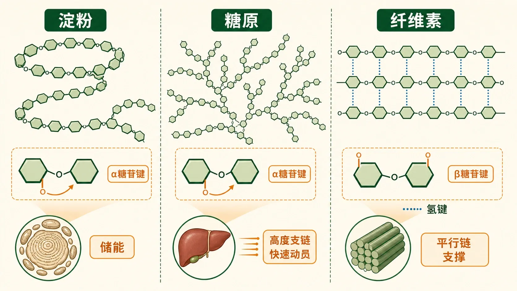 淀粉、糖原与纤维素的连接方式和功能对比