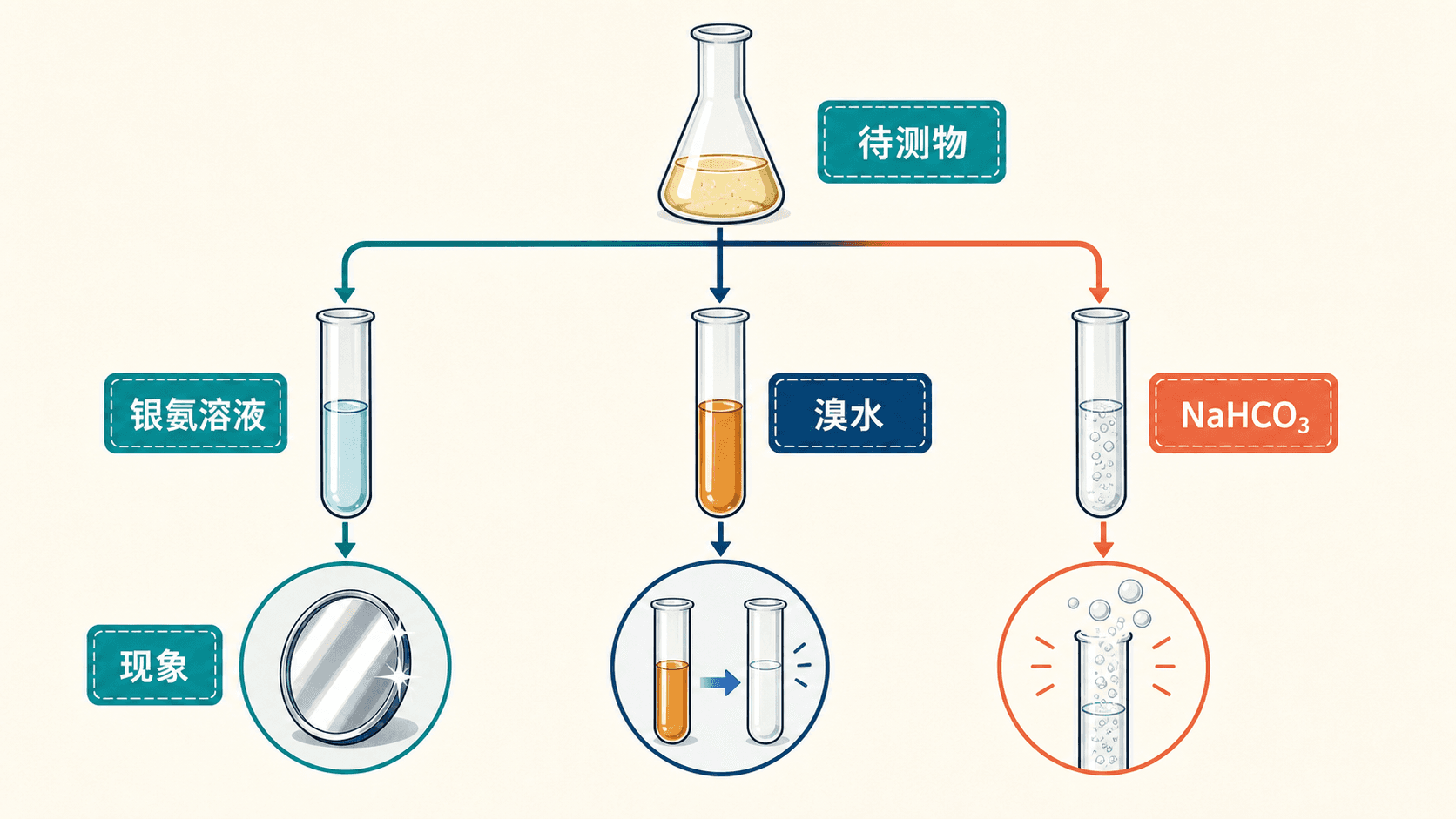 实验鉴别的决策顺序:先看羧基,再分辨醛基与不饱和键