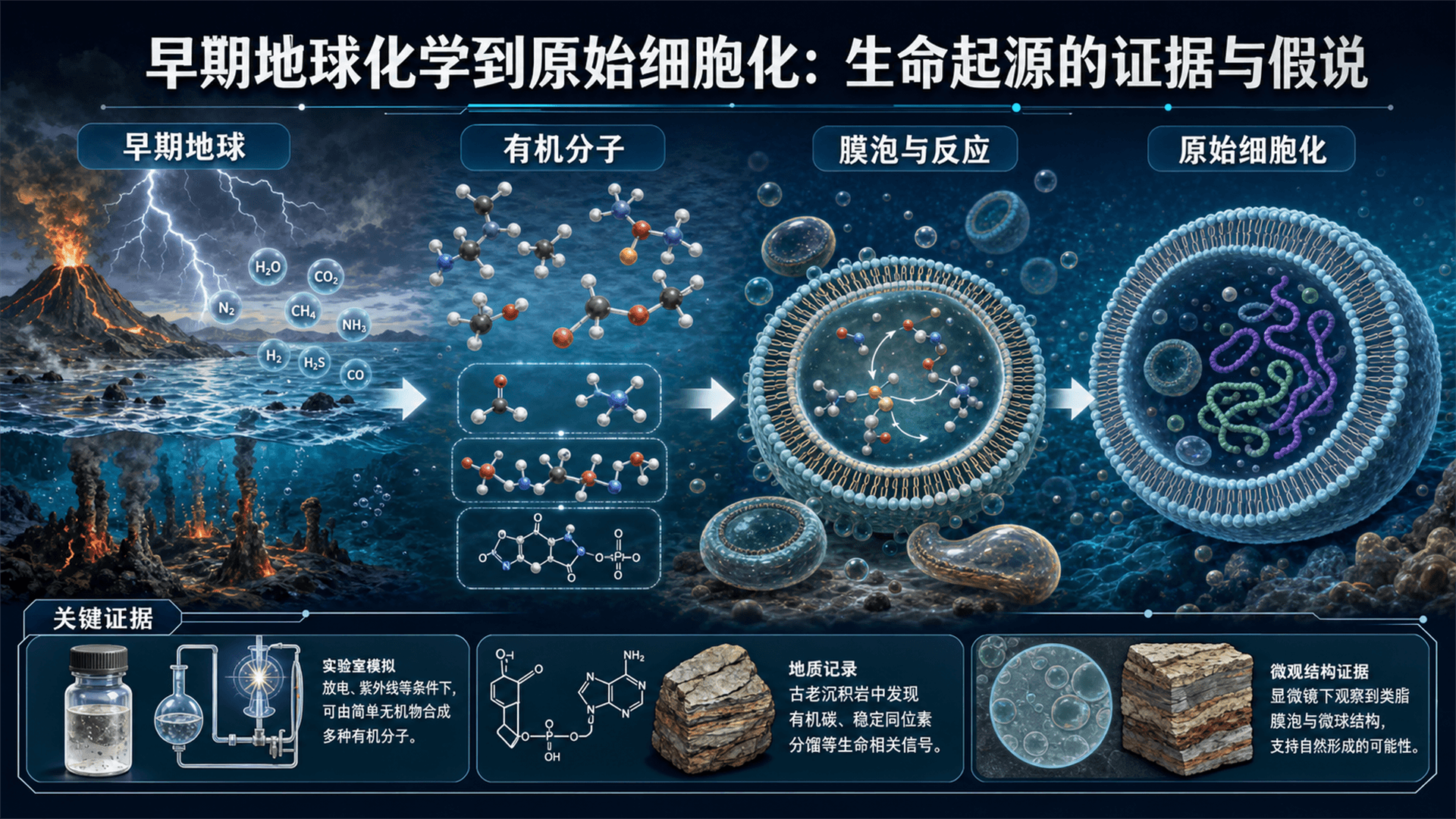 从早期地球化学到原始细胞化的证据与假说示意