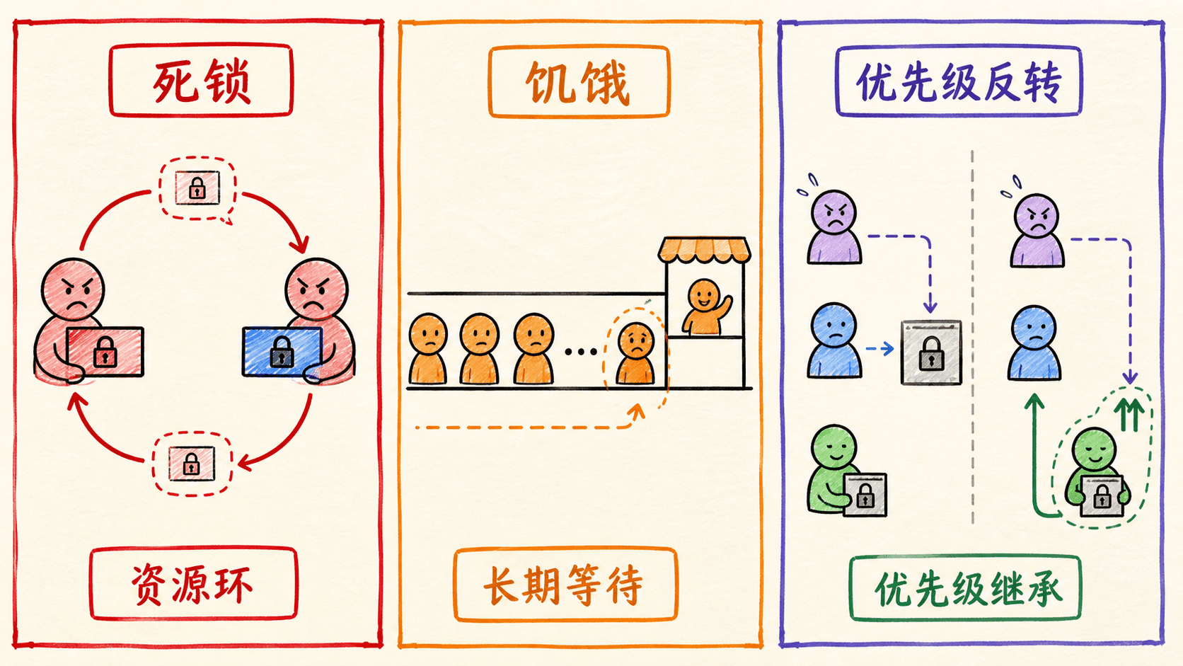 死锁、饥饿与优先级反转对比
