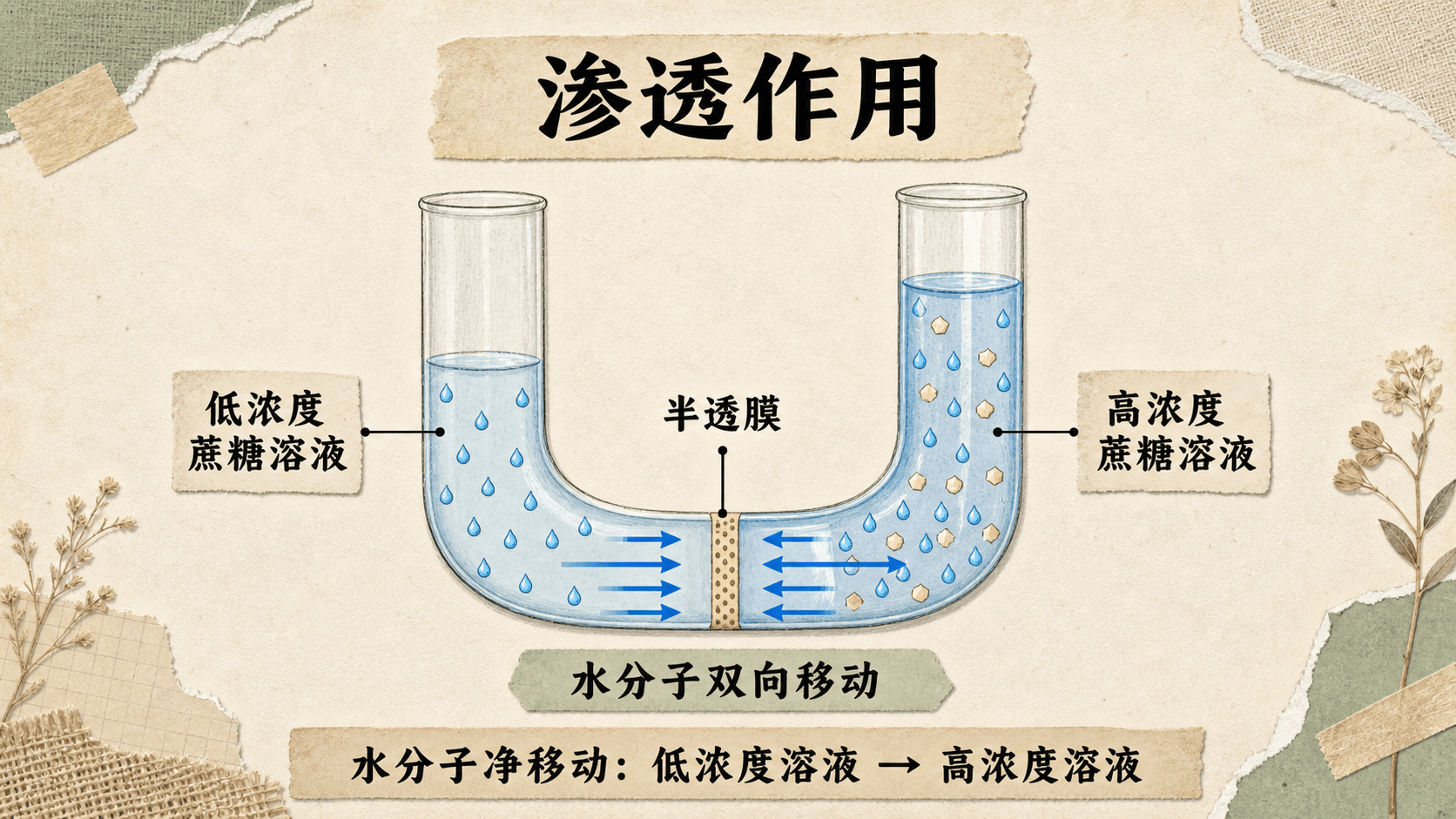 渗透作用示意:半透膜两侧的水分子都在移动,但低浓度蔗糖溶液一侧到高浓度蔗糖溶液一侧的净移动更多
