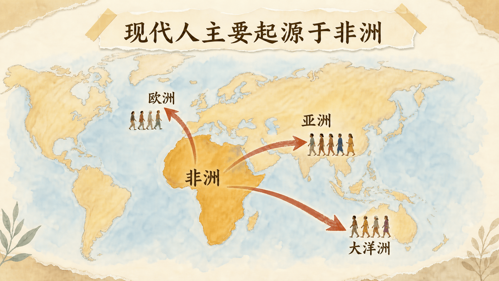 从非洲出发向亚洲、欧洲和大洋洲扩散的现代人迁徙概念图