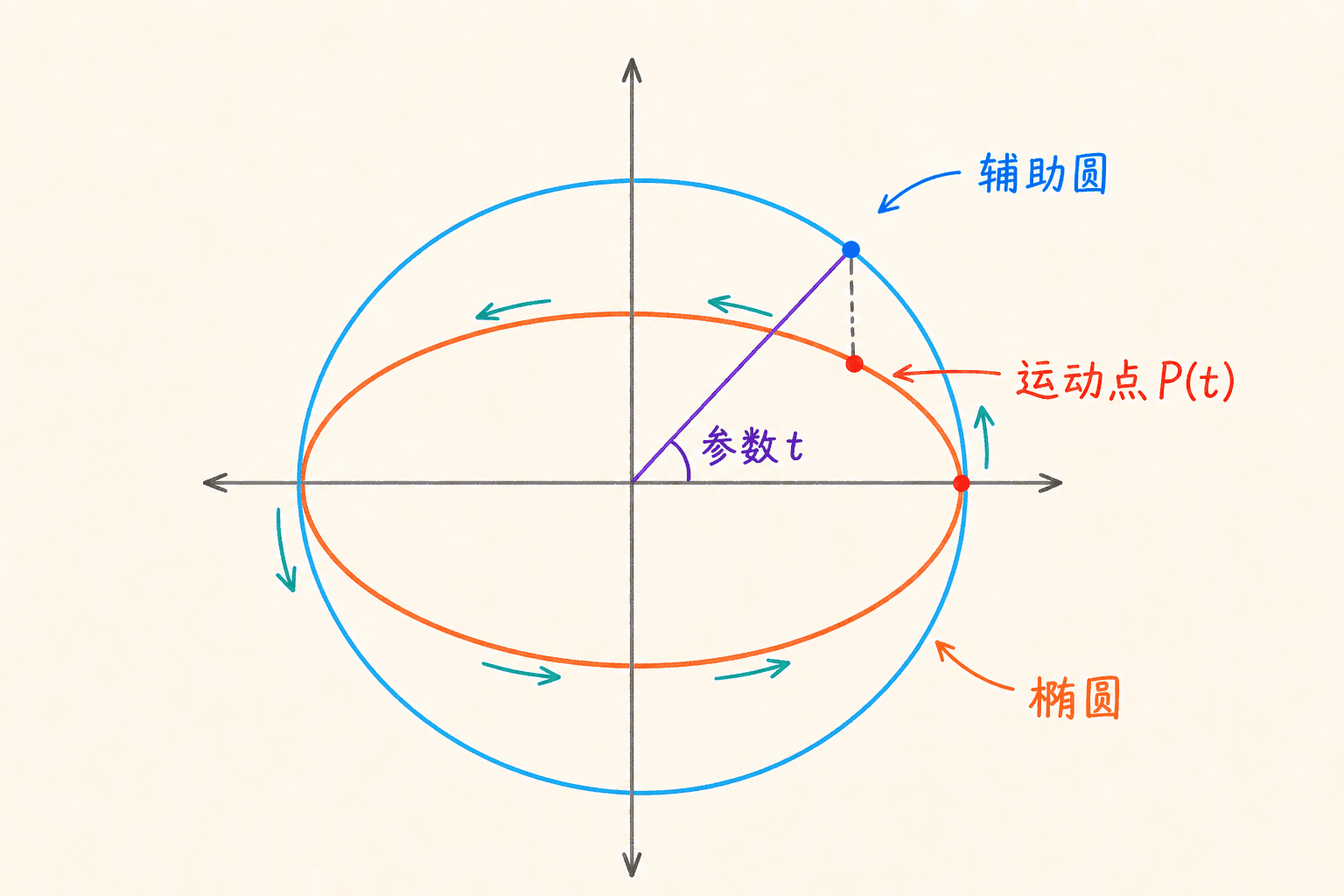 参数 t 像导演一样指挥运动点沿椭圆逆时针行进,并用辅助圆生成椭圆点。