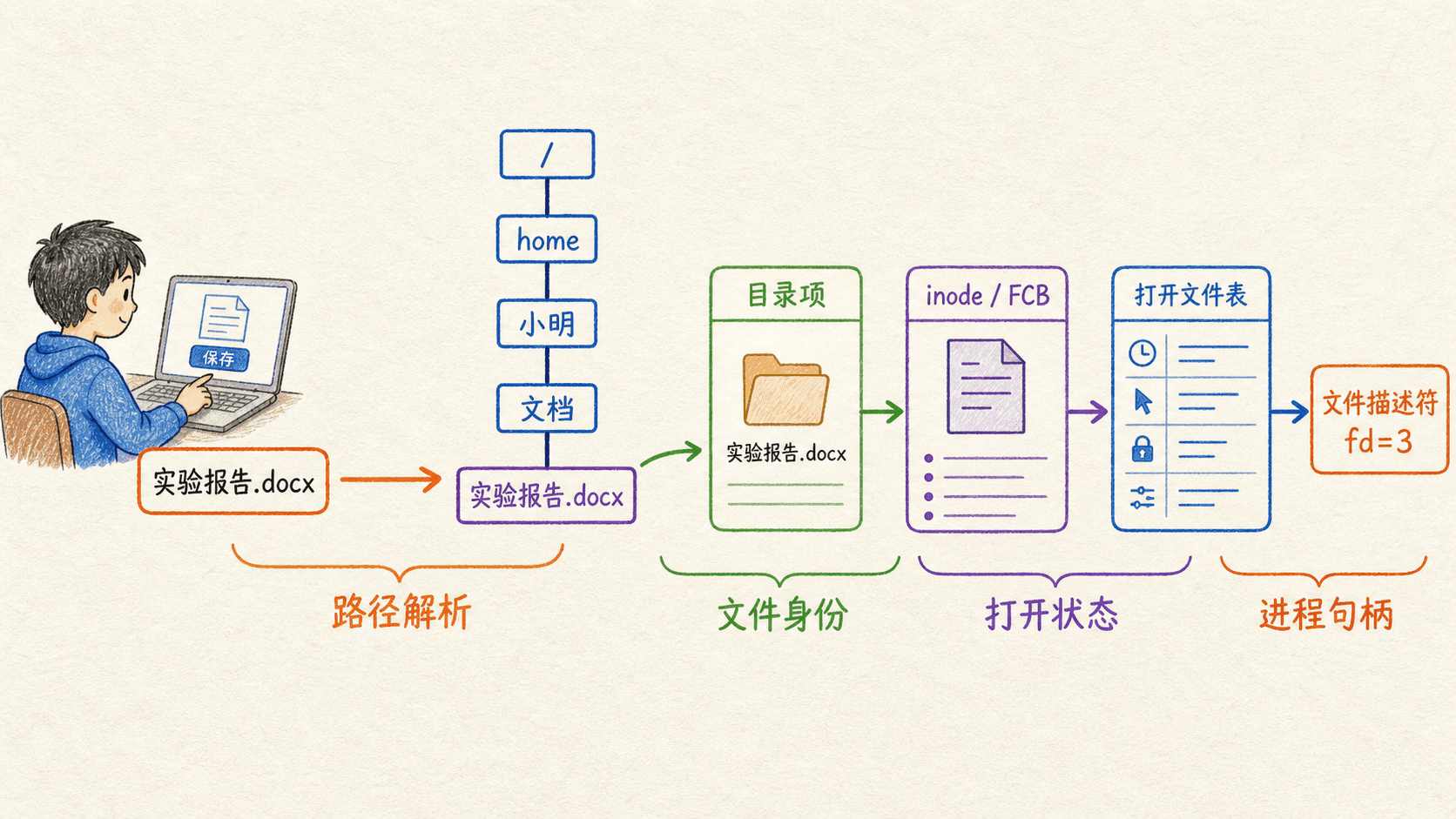 保存实验报告后,路径逐级解析到目录项、inode 或 FCB,再进入打开文件表并得到文件描述符