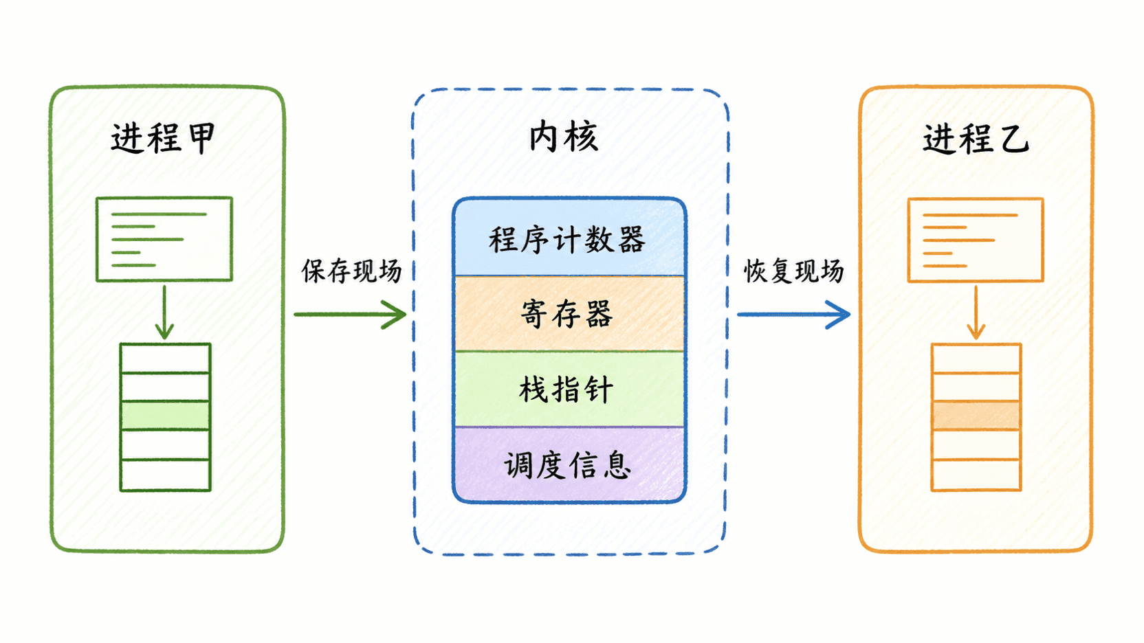 内核保存和恢复进程上下文的手绘示意图