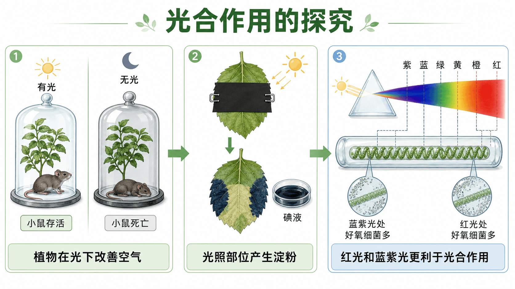 科学家通过不同实验逐步确认光合作用条件、产物和氧气来源