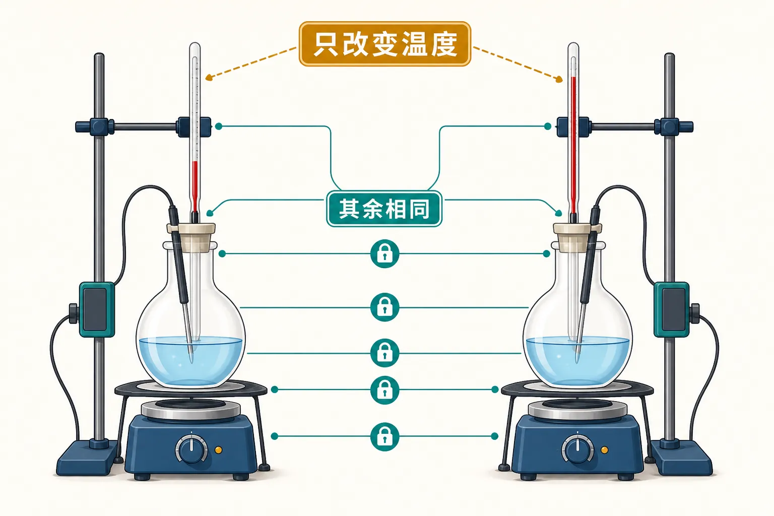 两组反应装置中只改变温度而保持其余条件相同的变量控制示意图