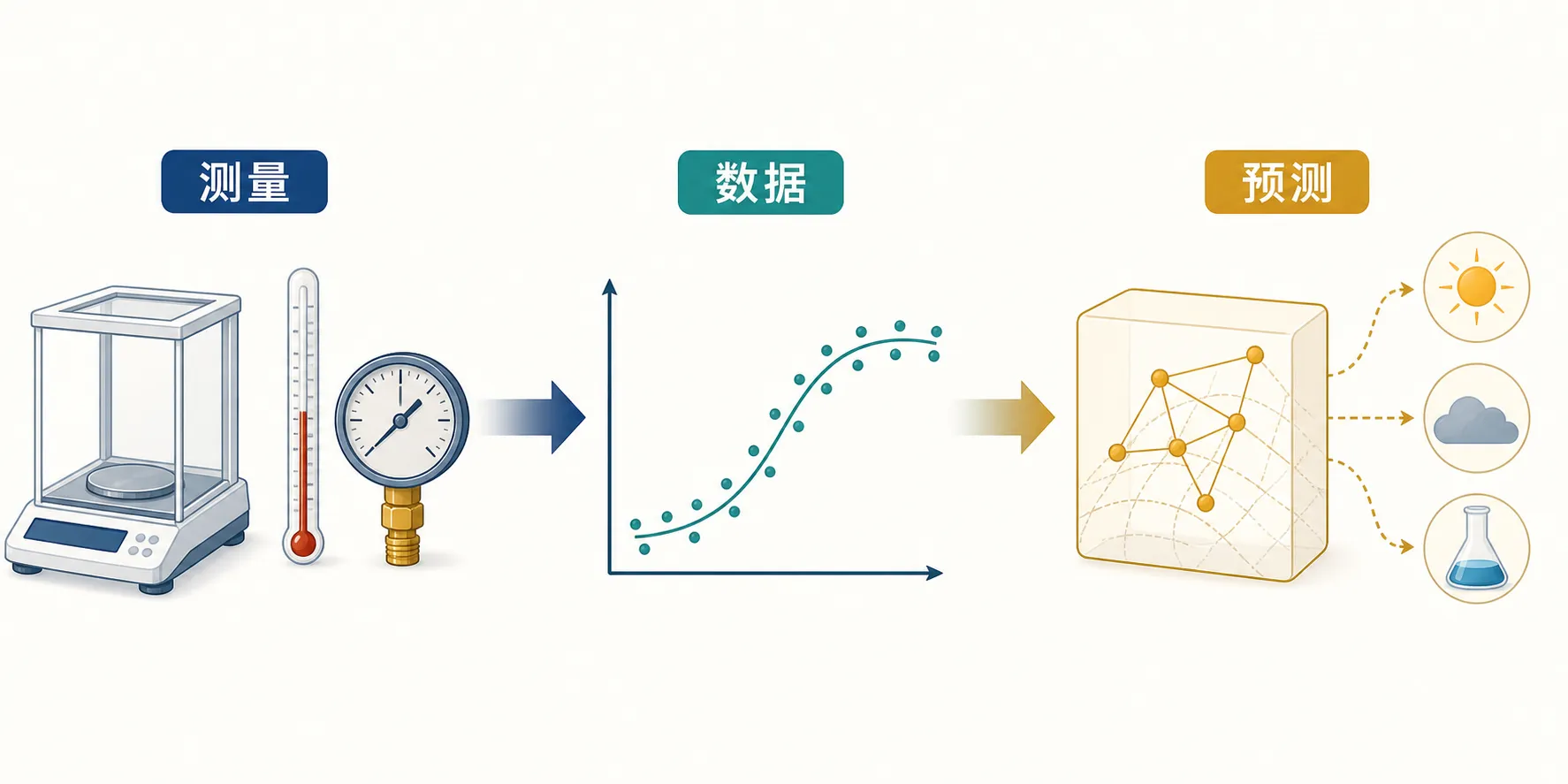 温度计、压力表和天平的测量数据逐渐形成可预测模型的过程